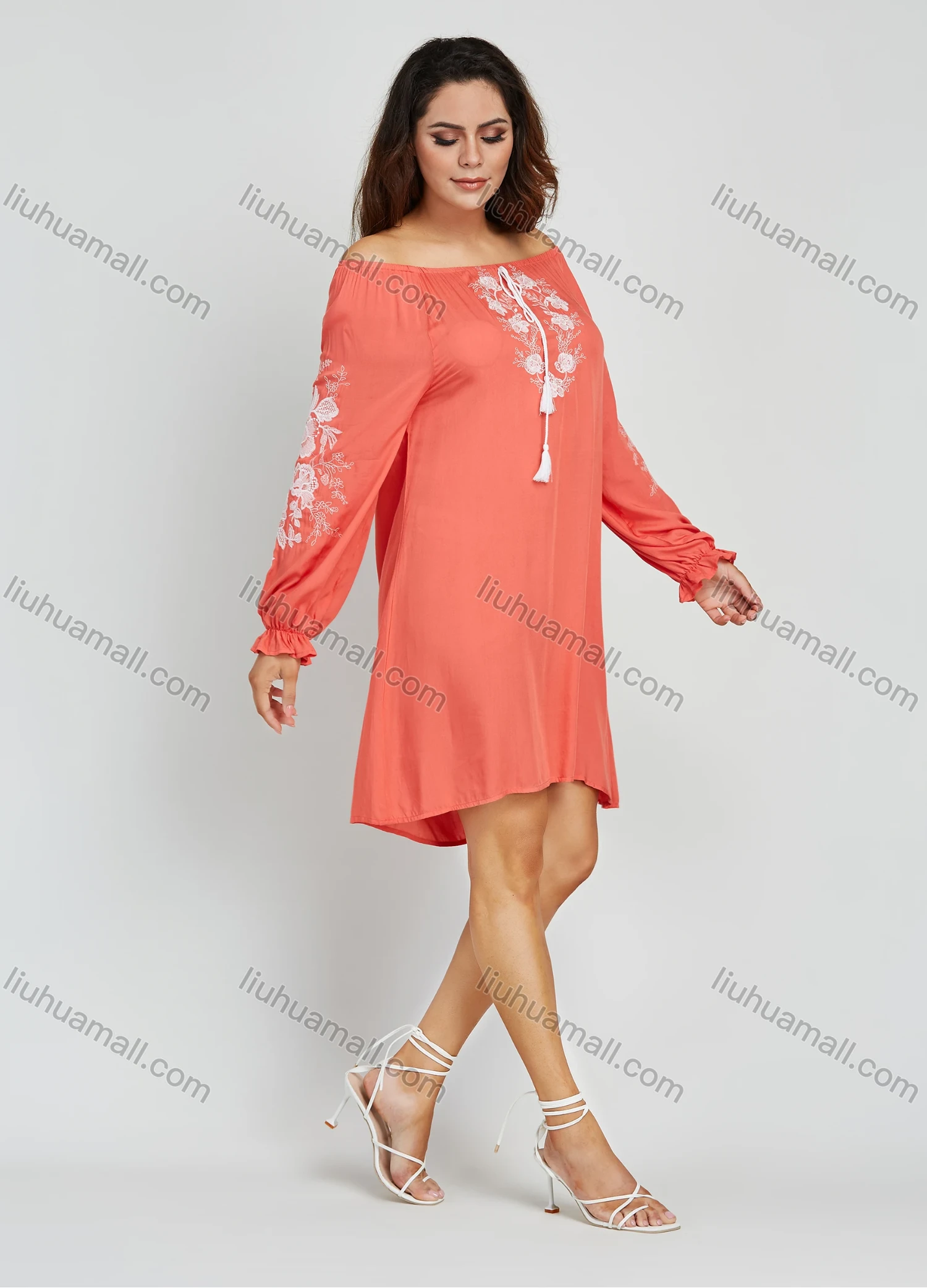 Wholesale Women's Casual Plain Embroidery Floral Off Shoulder Long Sleeve Short Dress - Liuhuamall