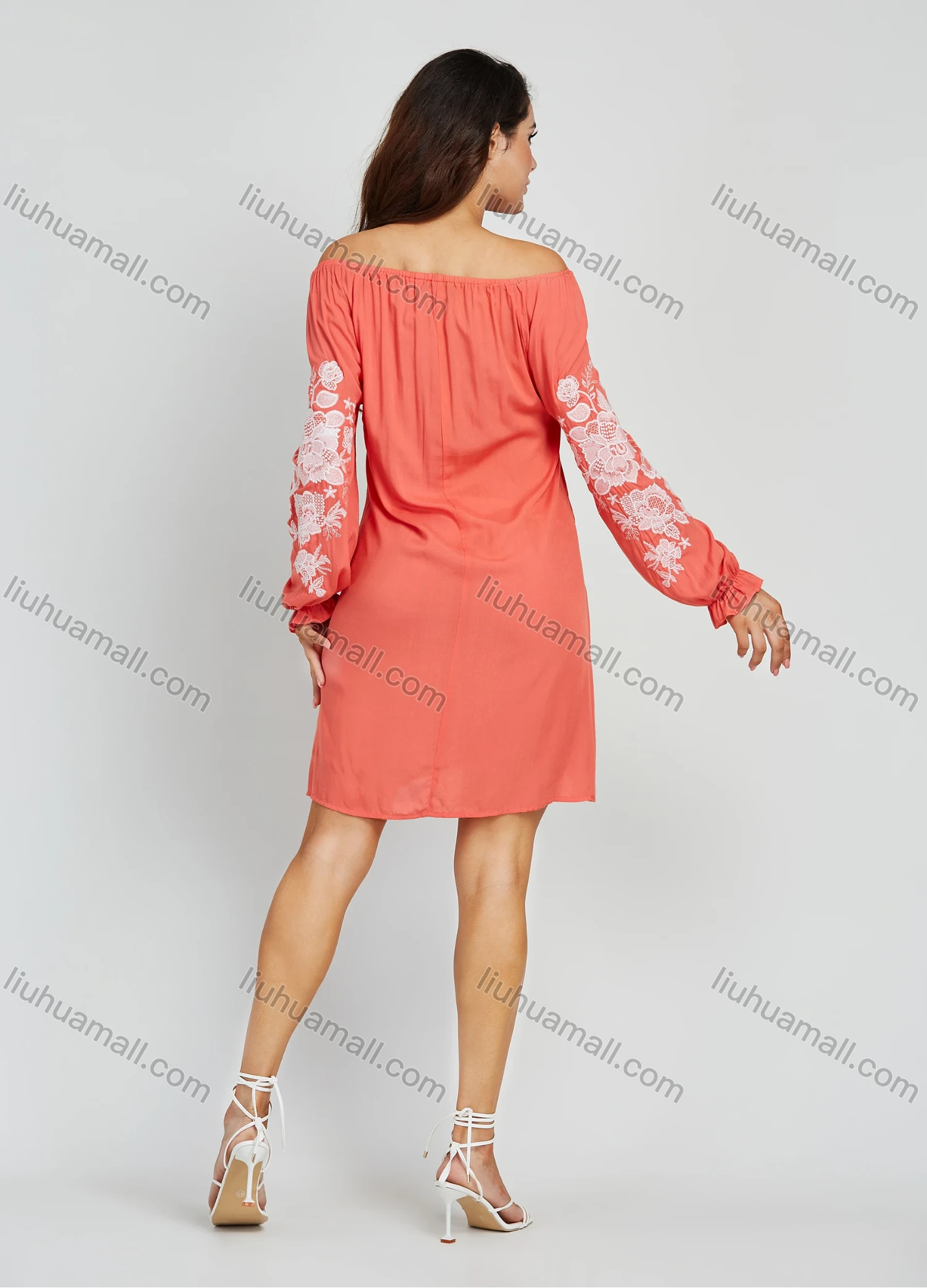 Wholesale Women's Casual Plain Embroidery Floral Off Shoulder Long Sleeve Short Dress - Liuhuamall