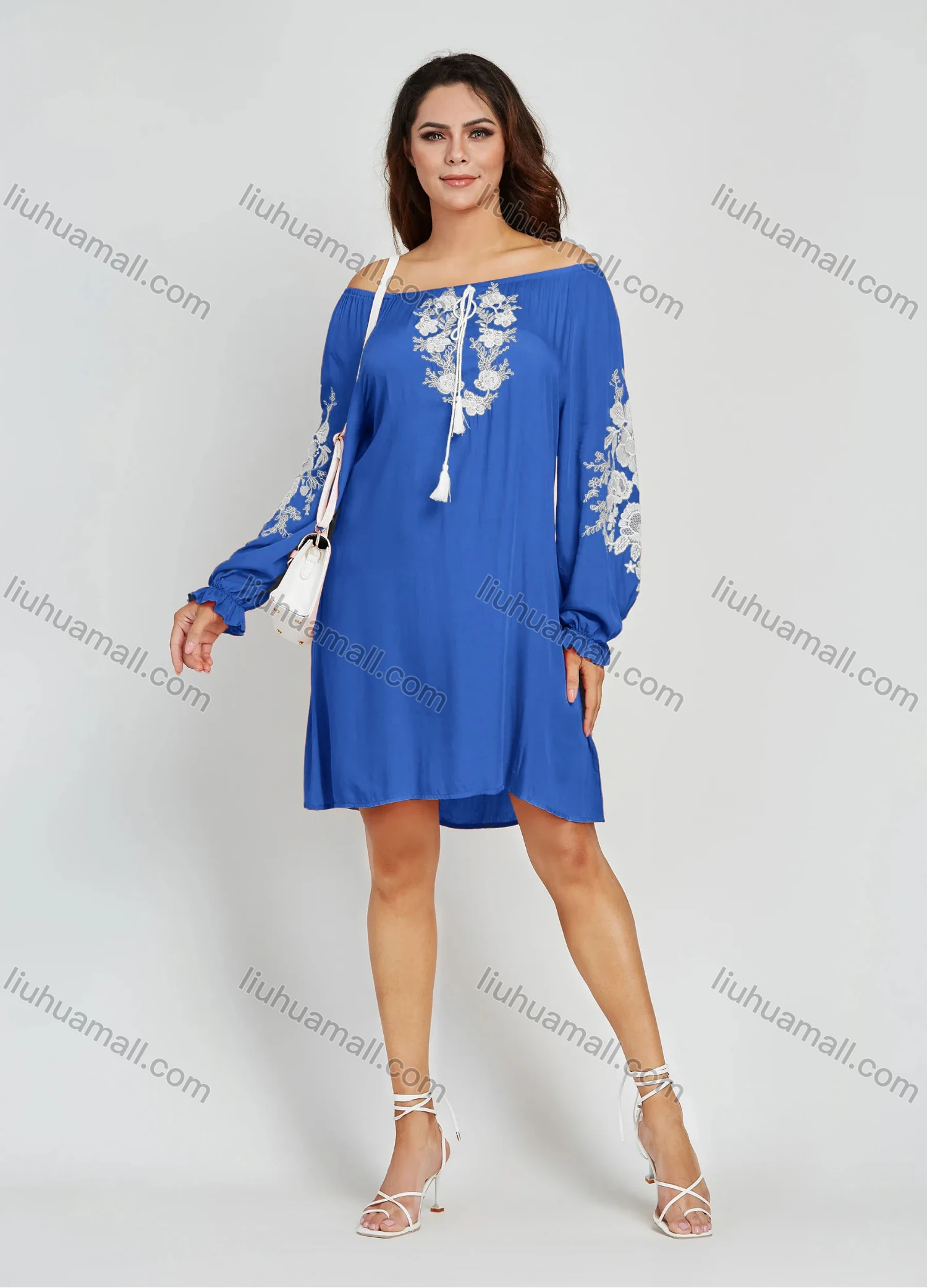 Wholesale Women's Casual Plain Embroidery Floral Off Shoulder Long Sleeve Short Dress - Liuhuamall