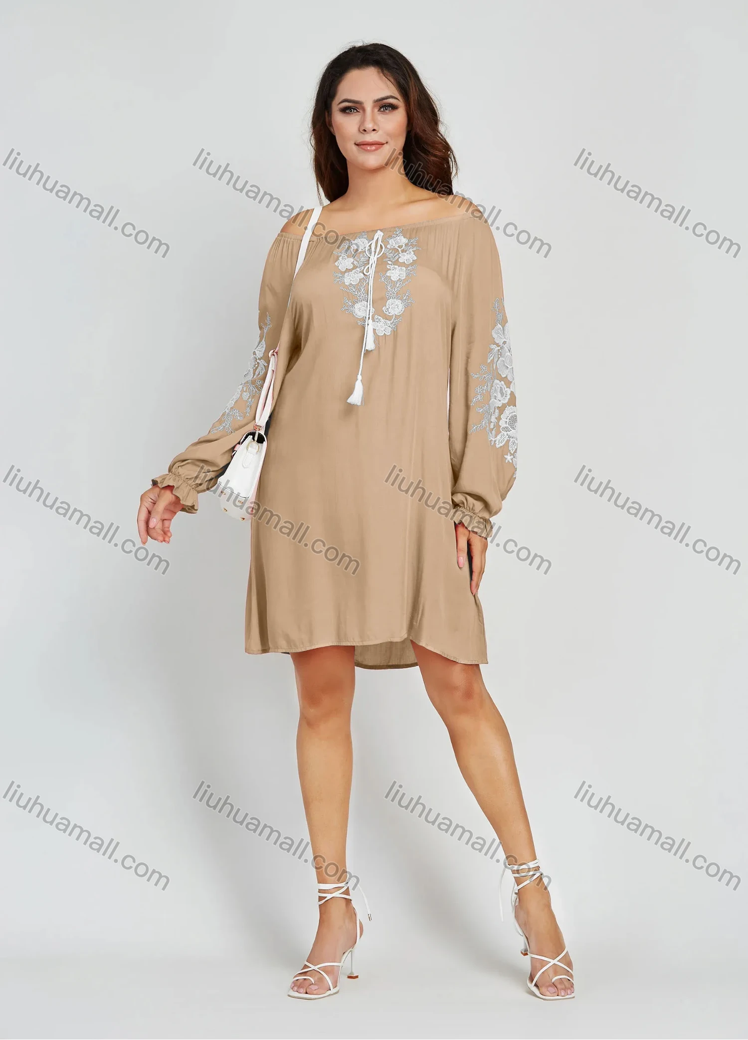 Wholesale Women's Casual Plain Embroidery Floral Off Shoulder Long Sleeve Short Dress - Liuhuamall