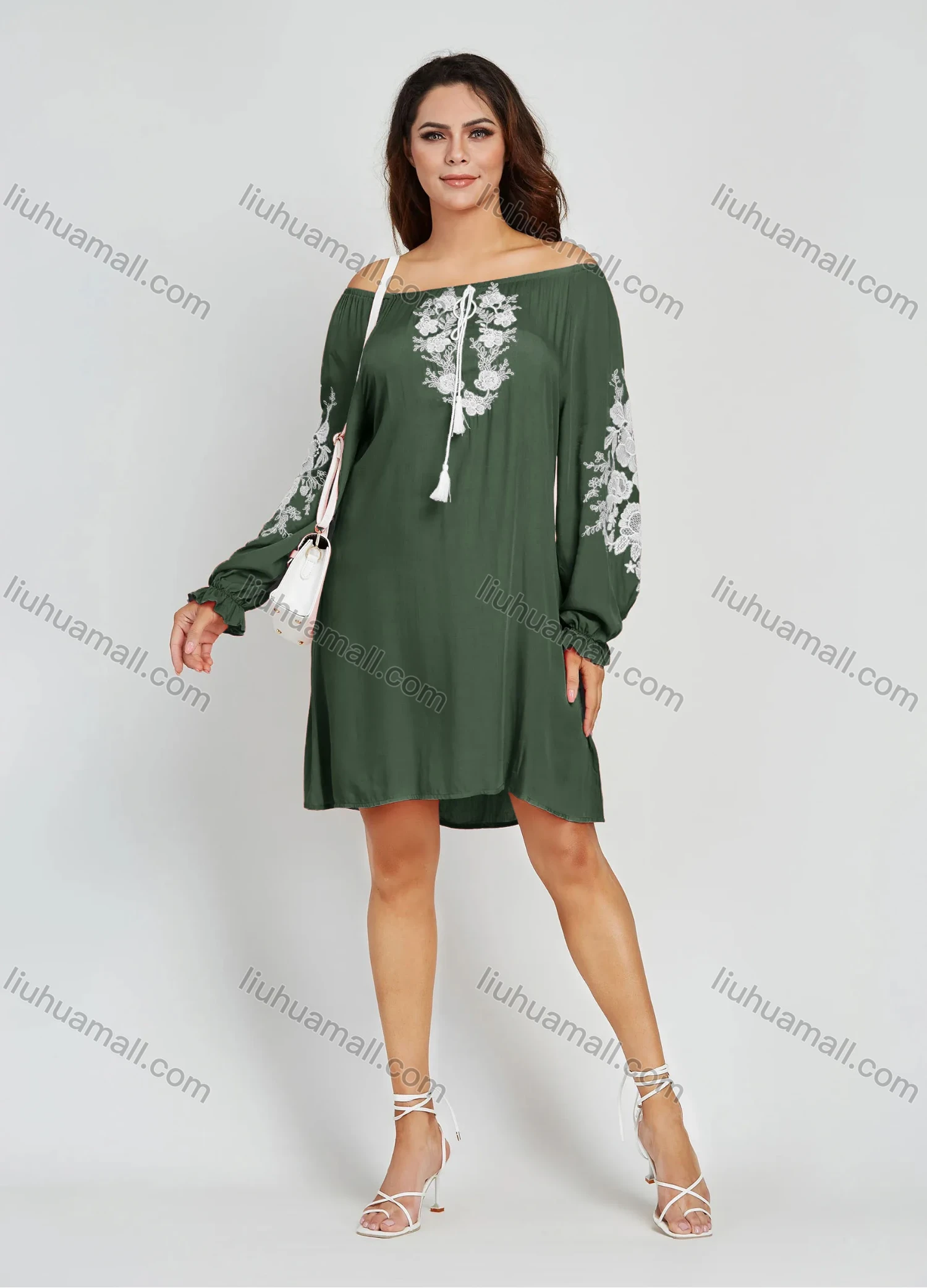 Wholesale Women's Casual Plain Embroidery Floral Off Shoulder Long Sleeve Short Dress - Liuhuamall