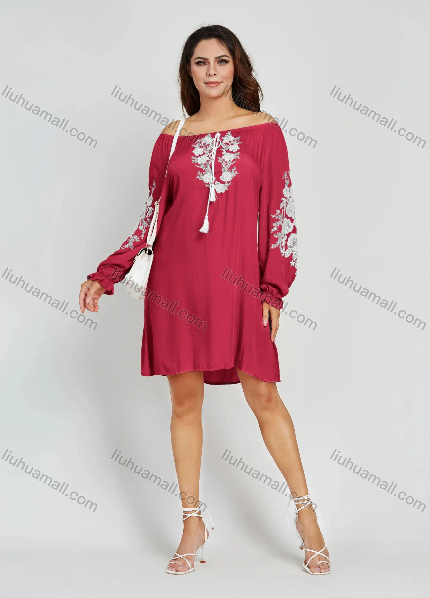 Wholesale Women's Casual Plain Embroidery Floral Off Shoulder Long Sleeve Short Dress - Liuhuamall