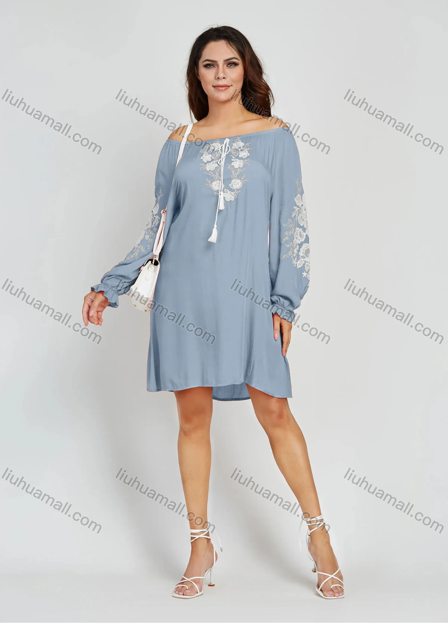 Wholesale Women's Casual Plain Embroidery Floral Off Shoulder Long Sleeve Short Dress - Liuhuamall