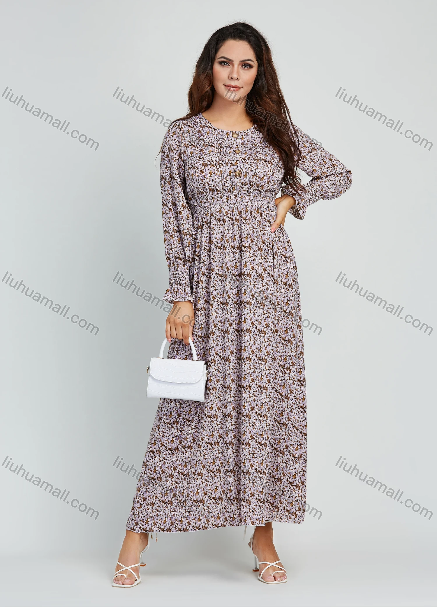 Wholesale Women's Casual Allover Floral Print Round Neck Shirred Button Front Maxi Dress - Liuhuamall