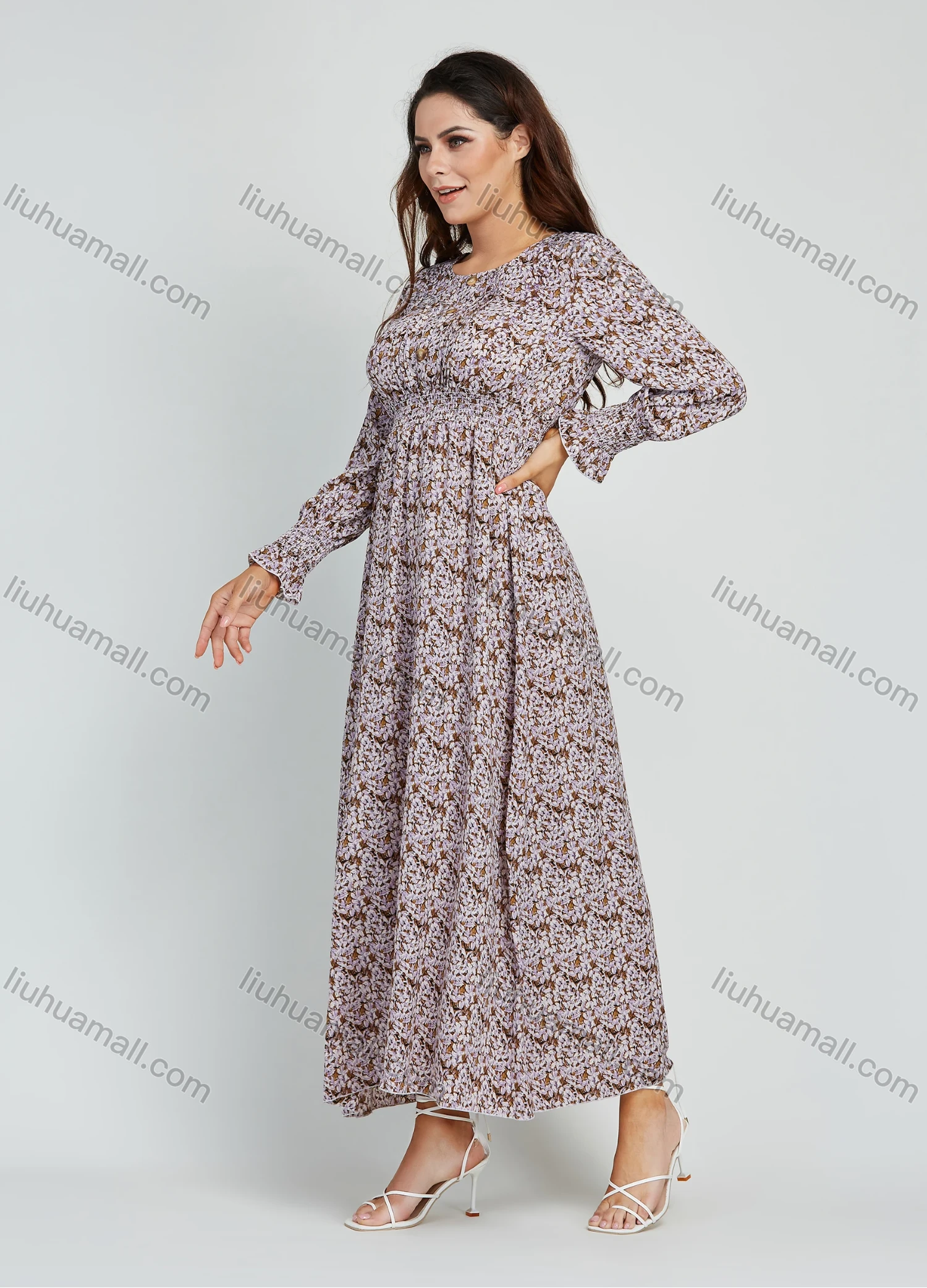 Wholesale Women's Casual Allover Floral Print Round Neck Shirred Button Front Maxi Dress - Liuhuamall