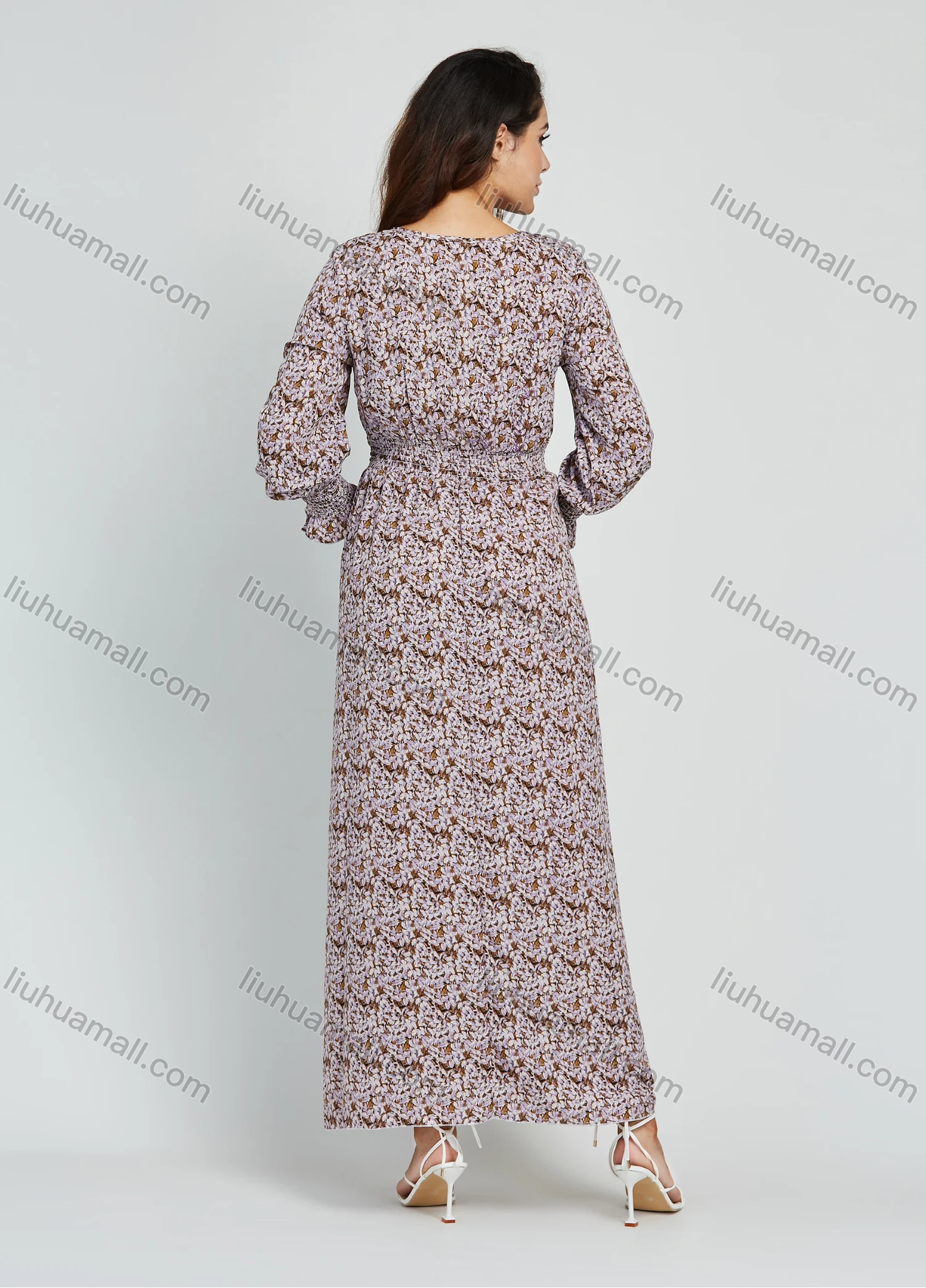 Wholesale Women's Casual Allover Floral Print Round Neck Shirred Button Front Maxi Dress - Liuhuamall