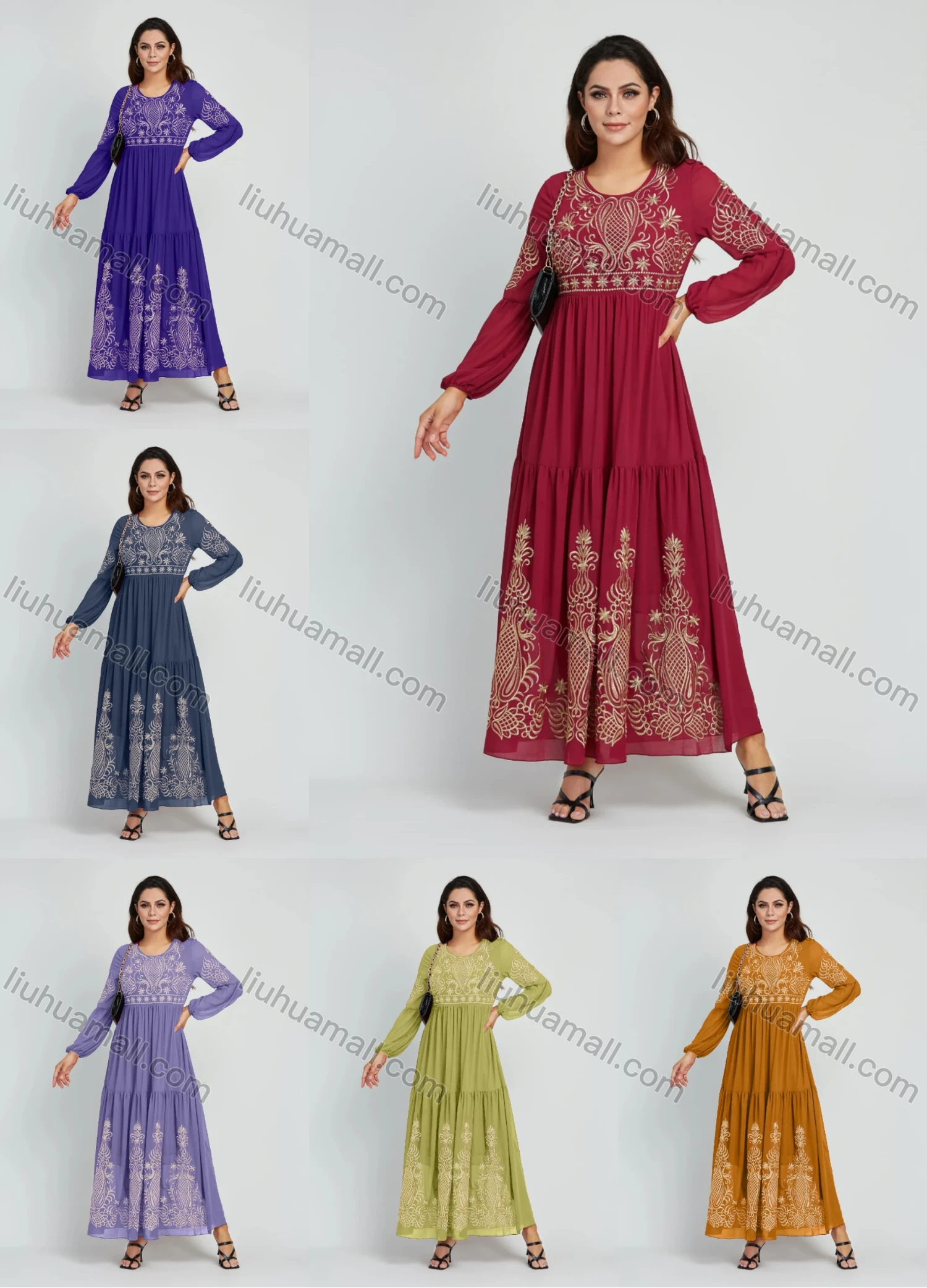 Wholesale Women's Elegant Embroidery Round Neck Long Sleeve Maxi Dress - Liuhuamall