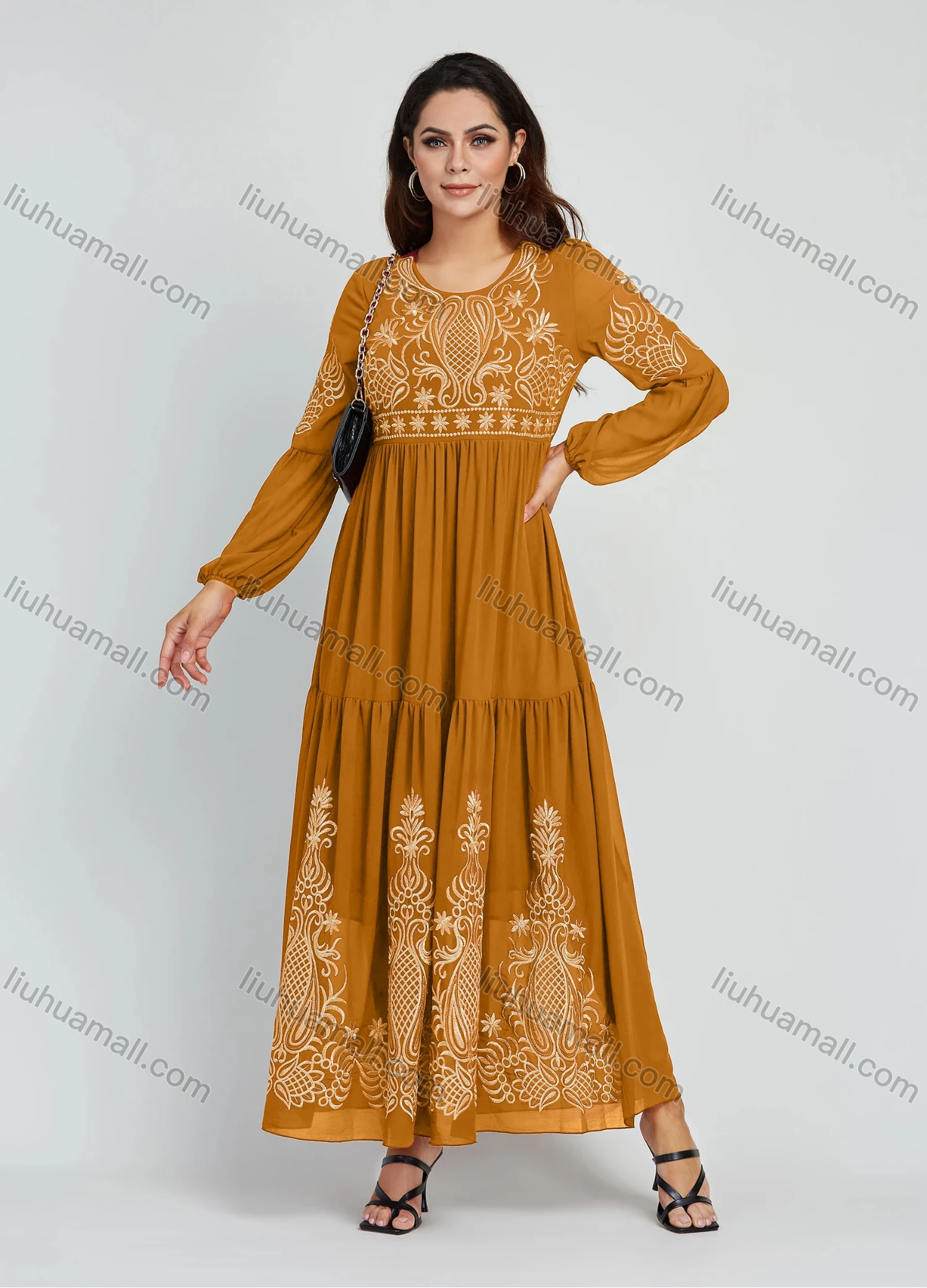 Wholesale Women's Elegant Embroidery Round Neck Long Sleeve Maxi Dress - Liuhuamall