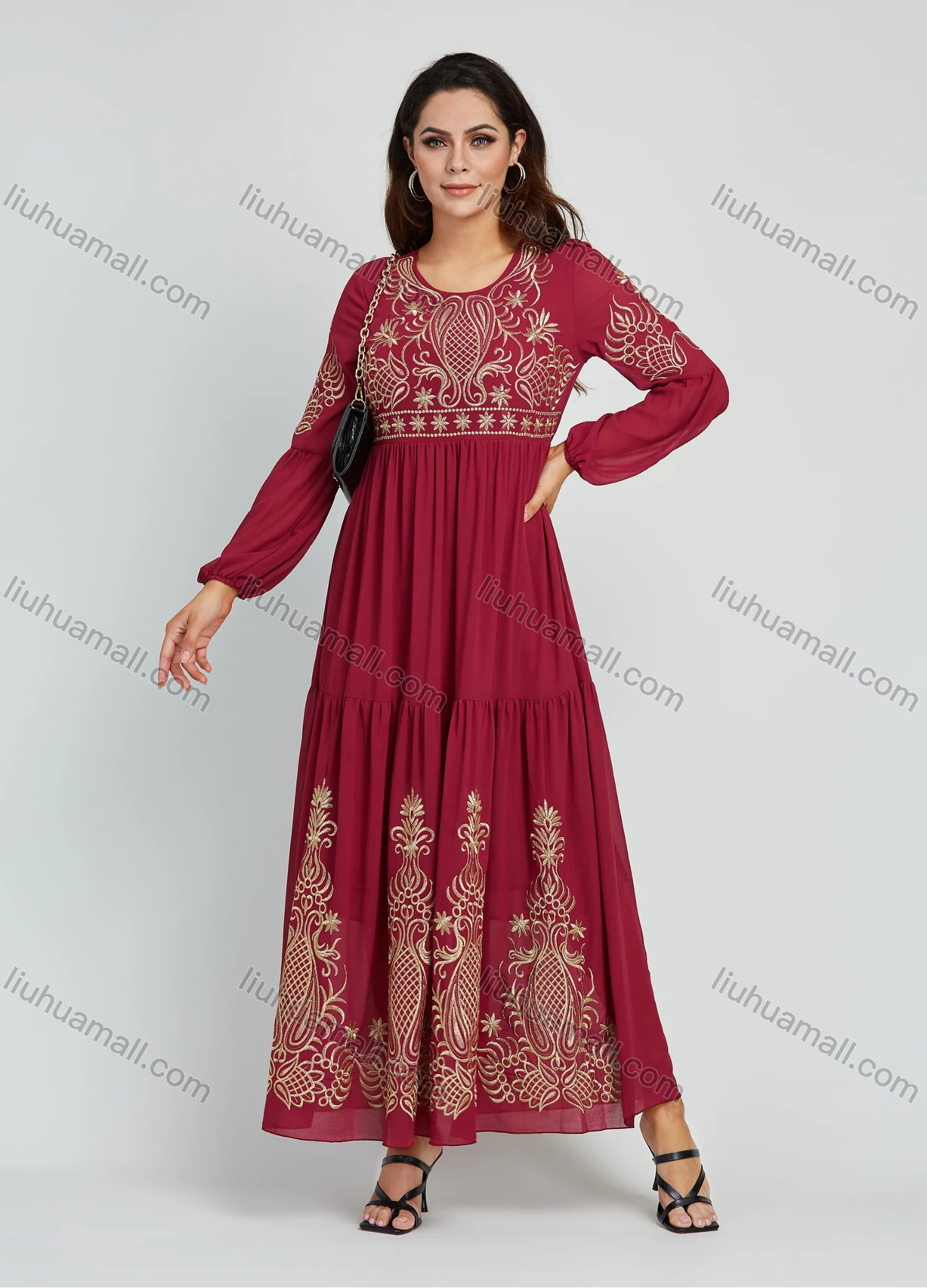 Wholesale Women's Elegant Embroidery Round Neck Long Sleeve Maxi Dress - Liuhuamall