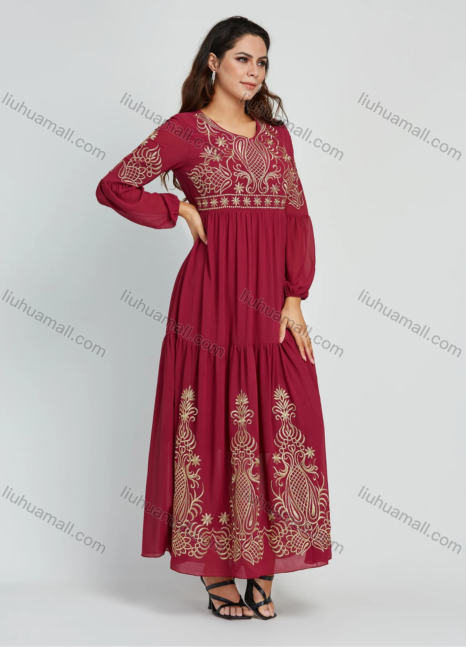 Wholesale Women's Elegant Embroidery Round Neck Long Sleeve Maxi Dress - Liuhuamall