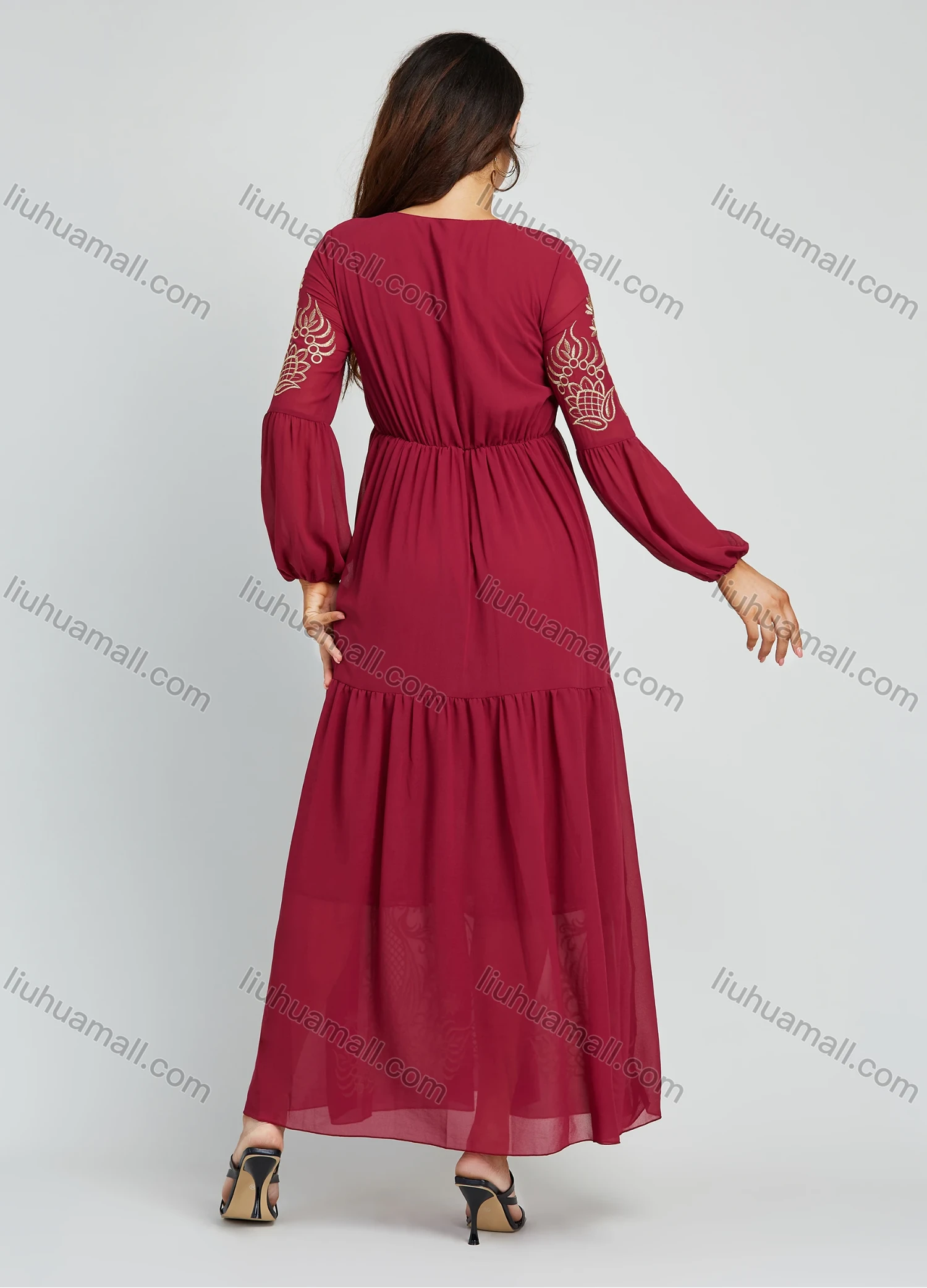 Wholesale Women's Elegant Embroidery Round Neck Long Sleeve Maxi Dress - Liuhuamall