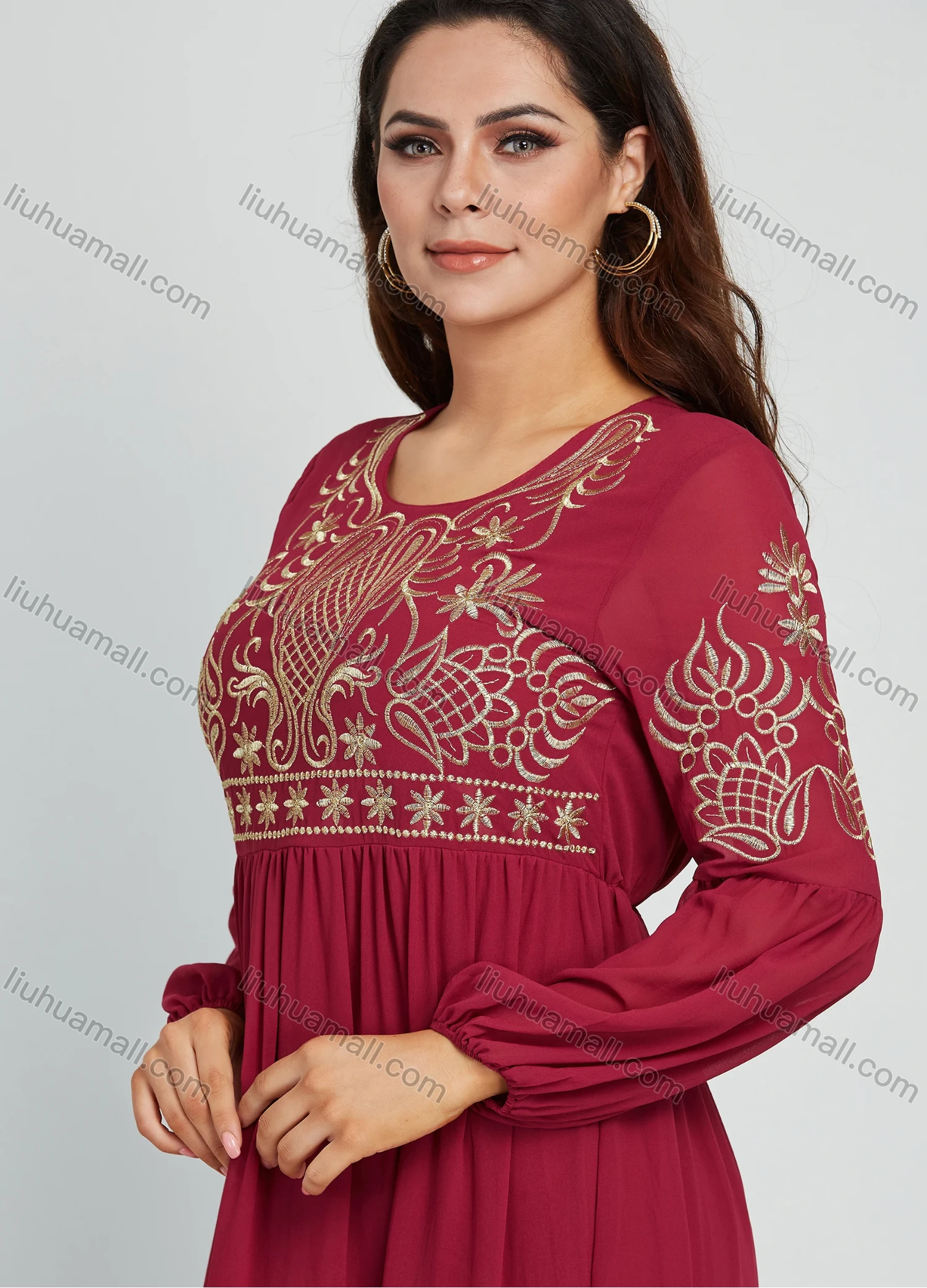 Wholesale Women's Elegant Embroidery Round Neck Long Sleeve Maxi Dress - Liuhuamall