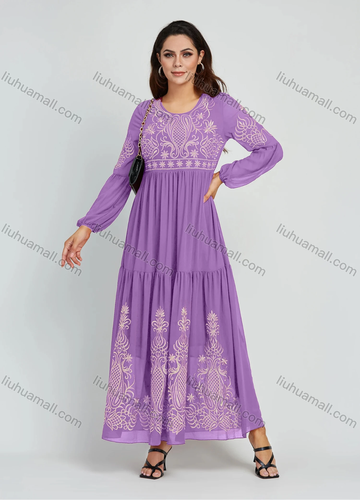 Wholesale Women's Elegant Embroidery Round Neck Long Sleeve Maxi Dress - Liuhuamall
