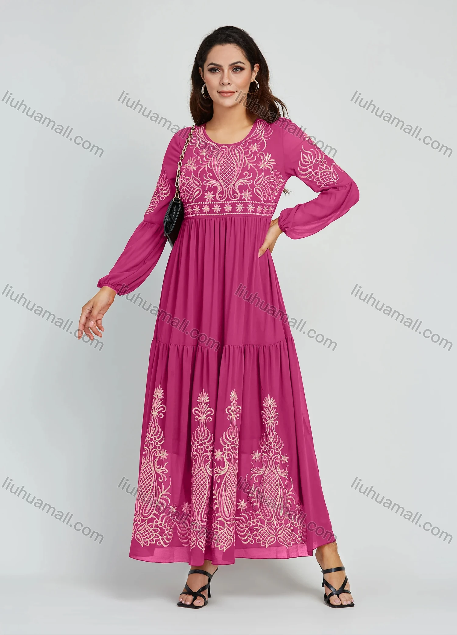 Wholesale Women's Elegant Embroidery Round Neck Long Sleeve Maxi Dress - Liuhuamall
