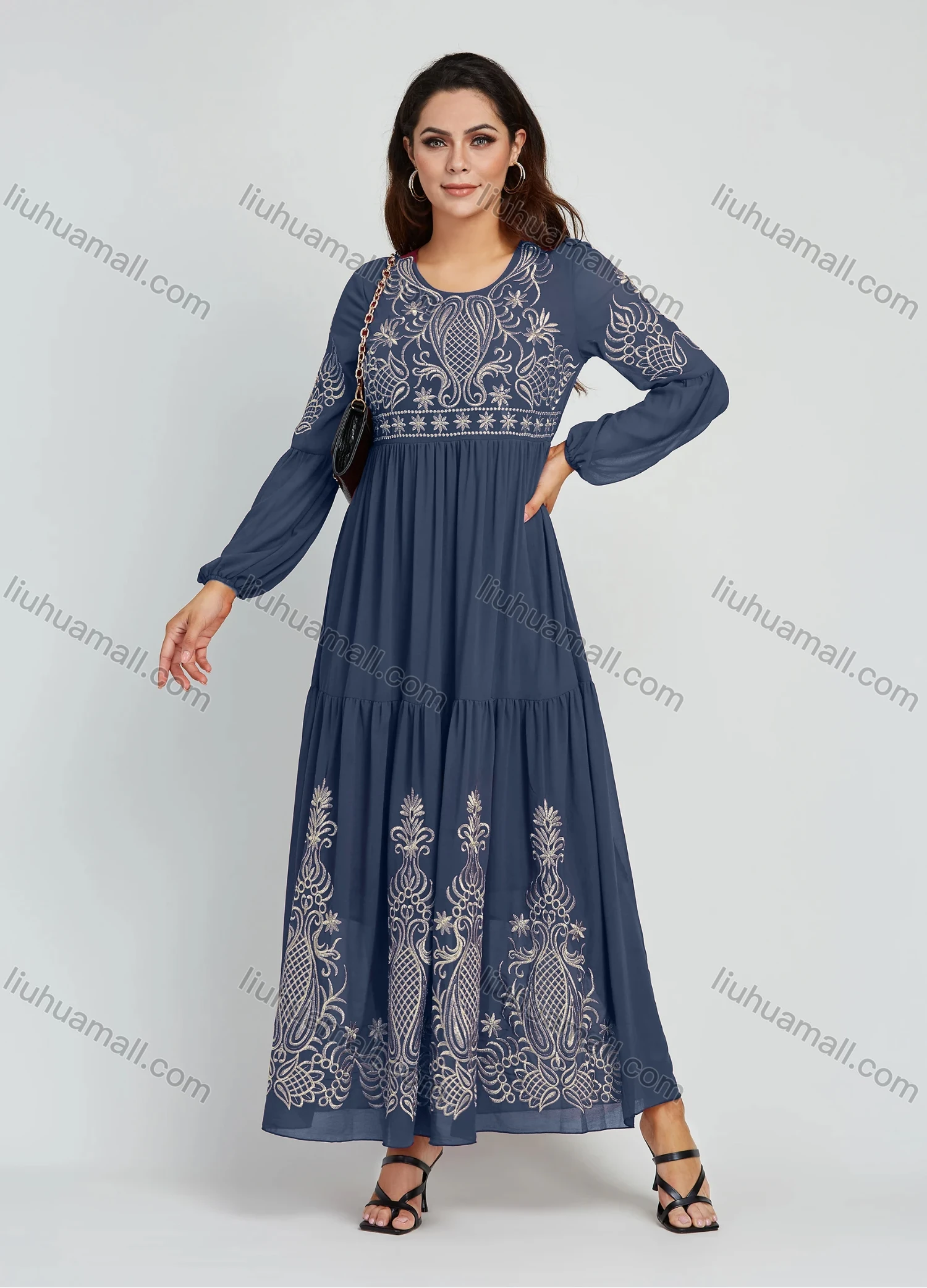 Wholesale Women's Elegant Embroidery Round Neck Long Sleeve Maxi Dress - Liuhuamall