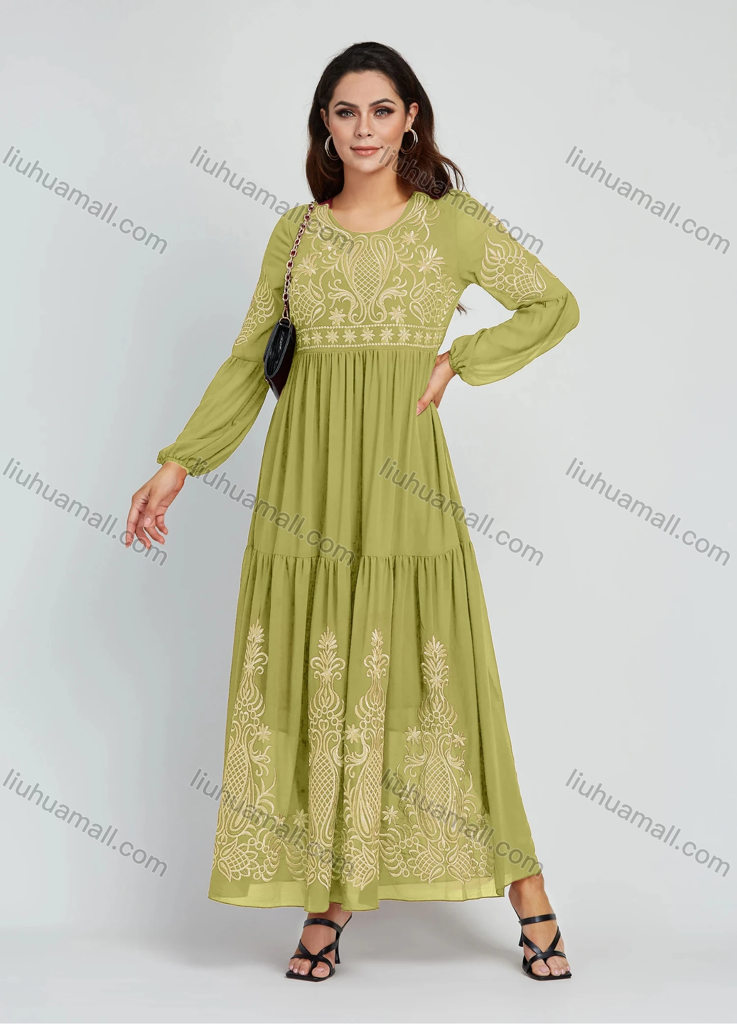 Wholesale Women's Elegant Embroidery Round Neck Long Sleeve Maxi Dress - Liuhuamall