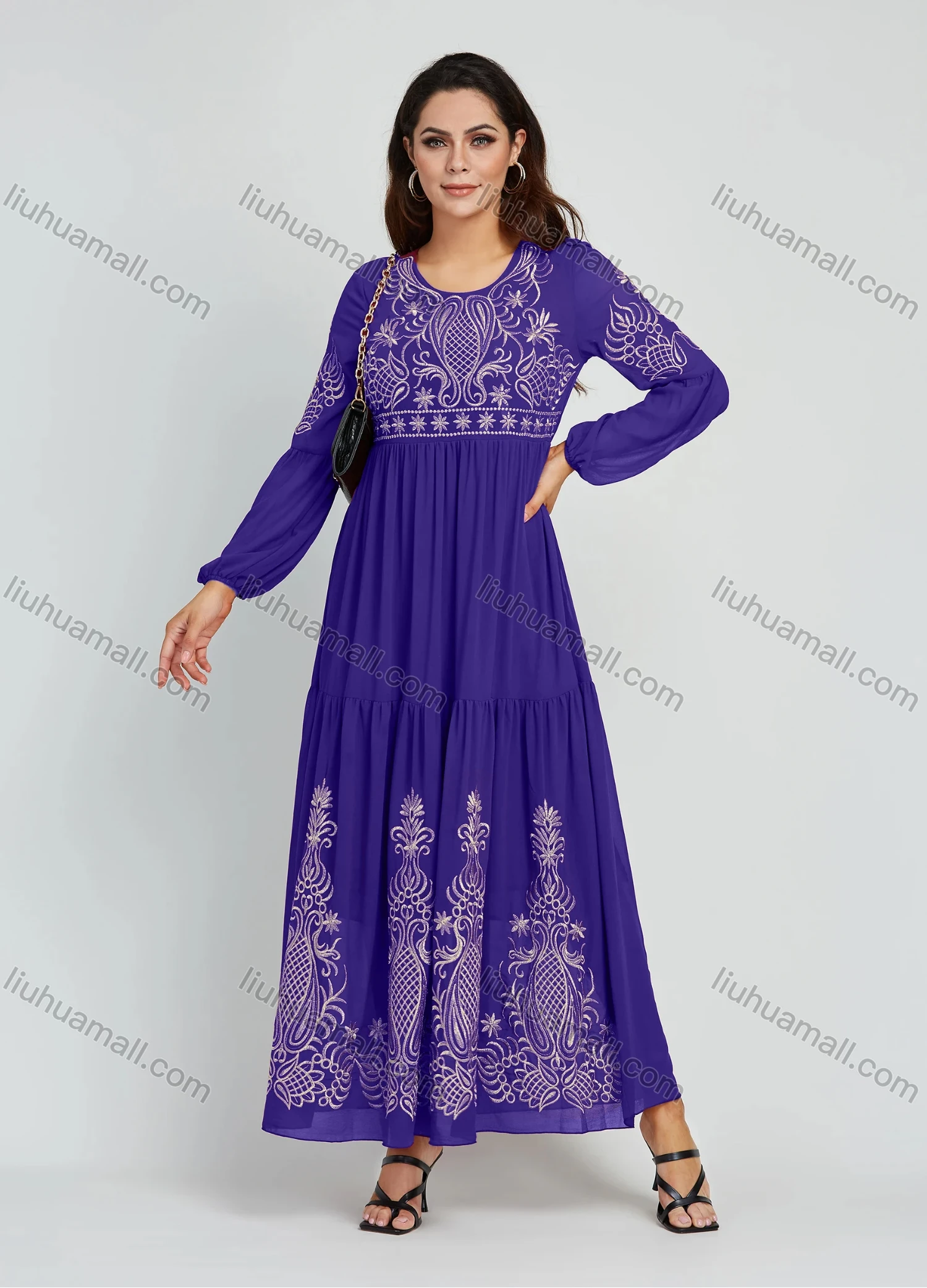 Wholesale Women's Elegant Embroidery Round Neck Long Sleeve Maxi Dress - Liuhuamall
