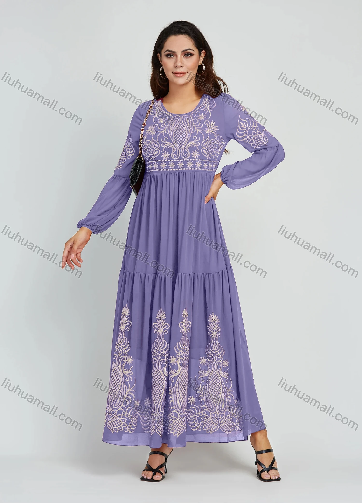 Wholesale Women's Elegant Embroidery Round Neck Long Sleeve Maxi Dress - Liuhuamall