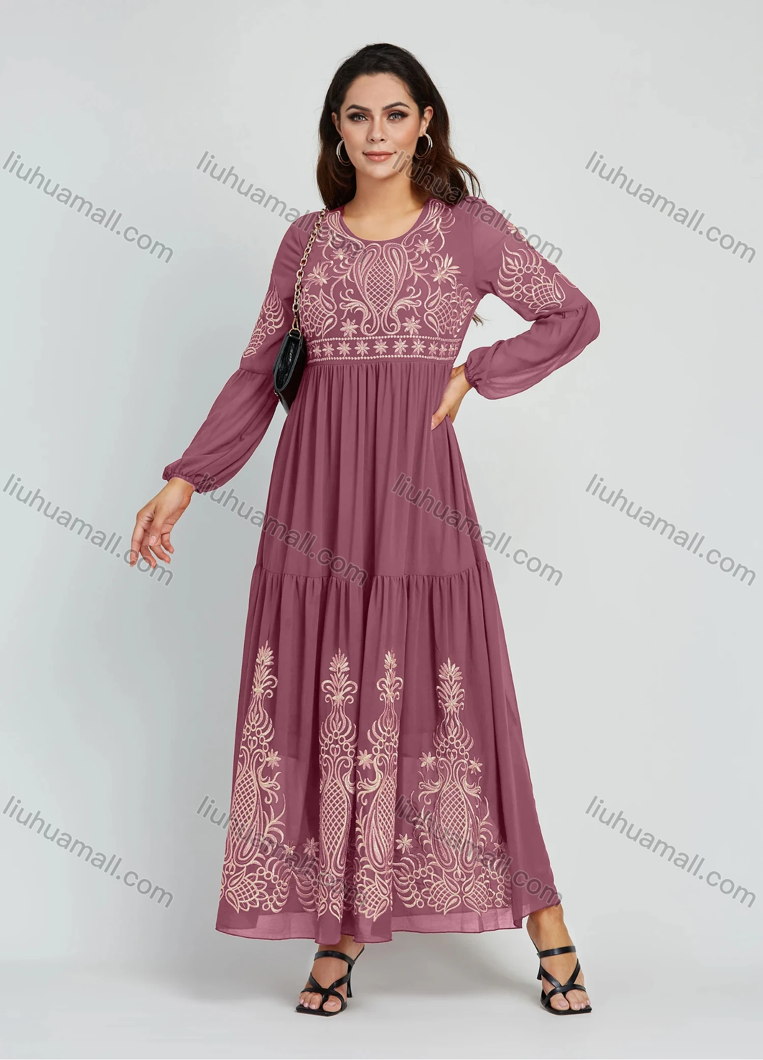 Wholesale Women's Elegant Embroidery Round Neck Long Sleeve Maxi Dress - Liuhuamall