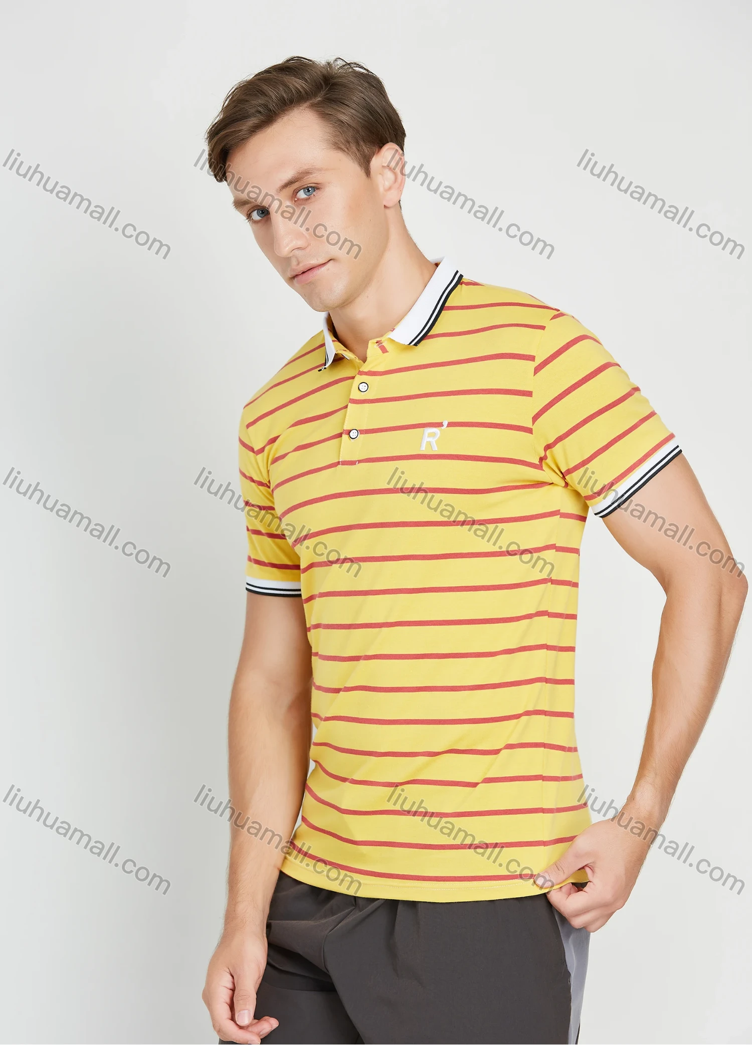 Wholesale Men's Casual Striped Print Contrast Collar Short Sleeve Polo Shirt - Liuhuamall