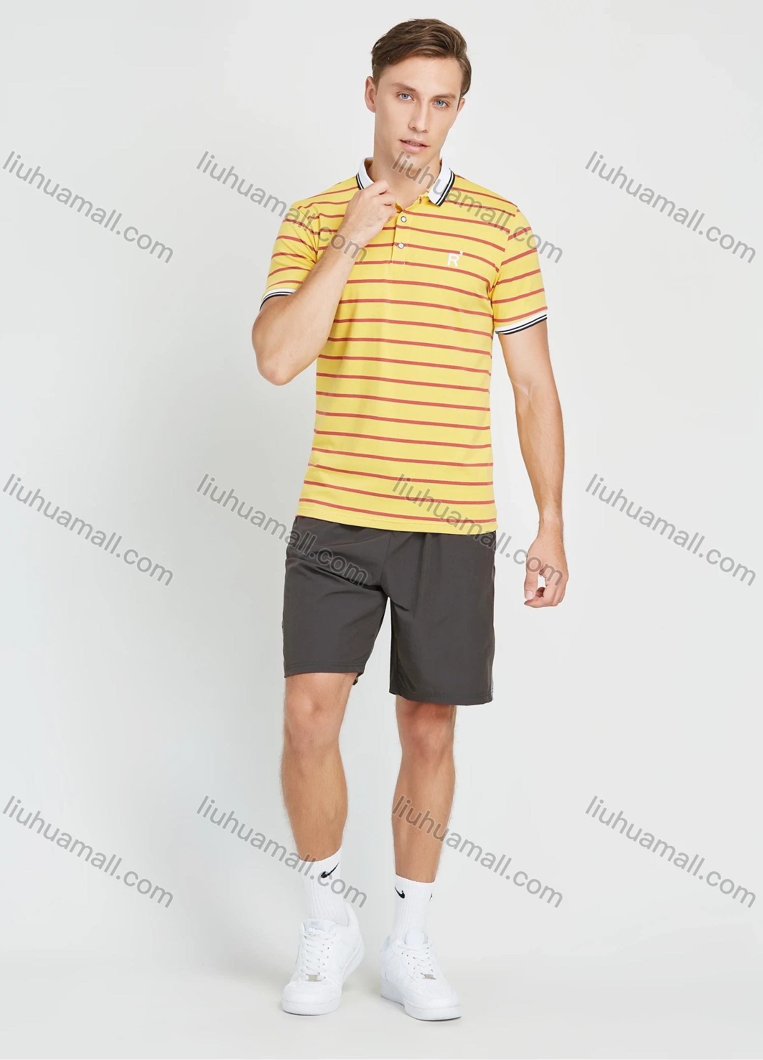Wholesale Men's Casual Striped Print Contrast Collar Short Sleeve Polo Shirt - Liuhuamall