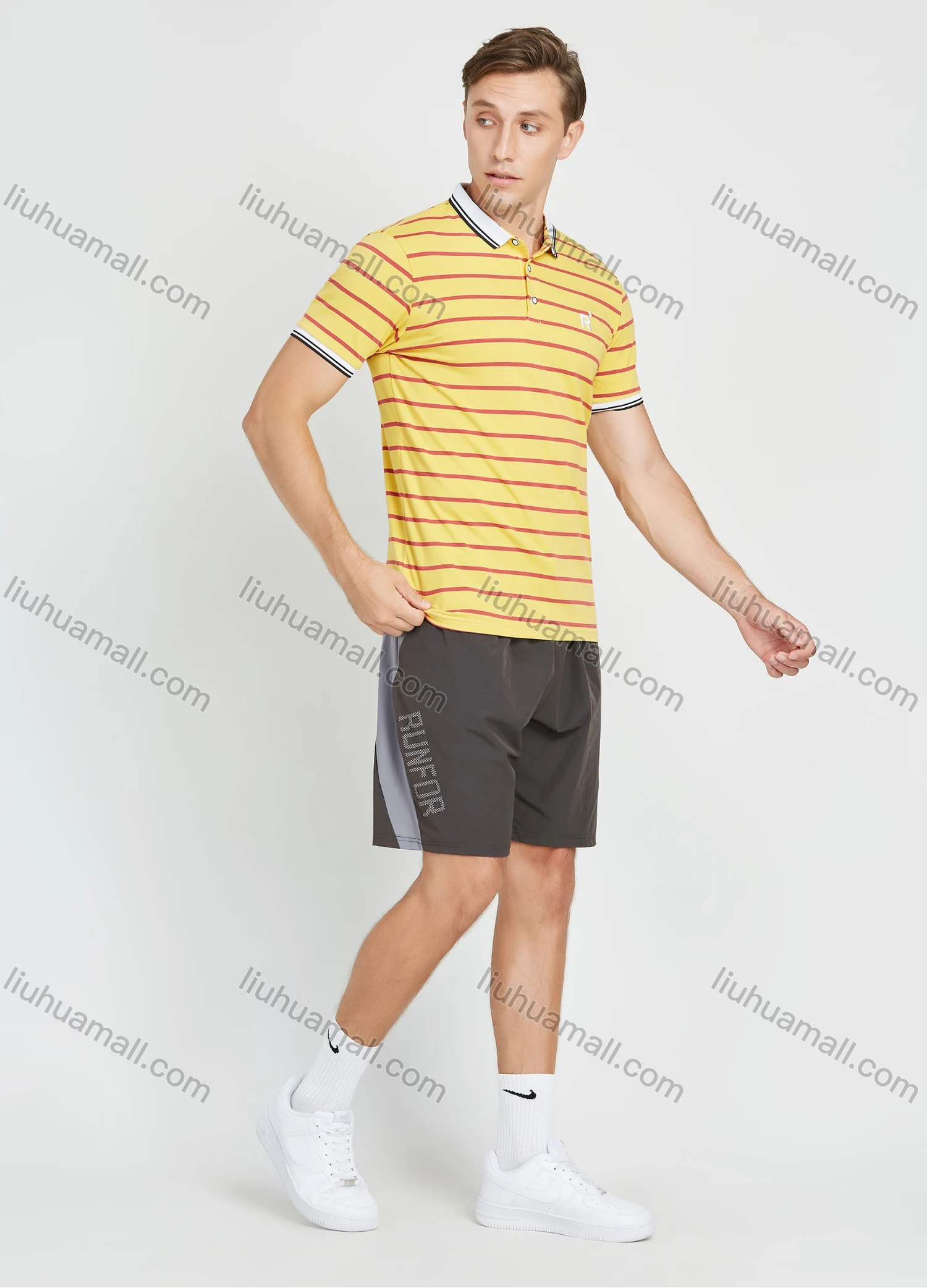 Wholesale Men's Casual Striped Print Contrast Collar Short Sleeve Polo Shirt - Liuhuamall