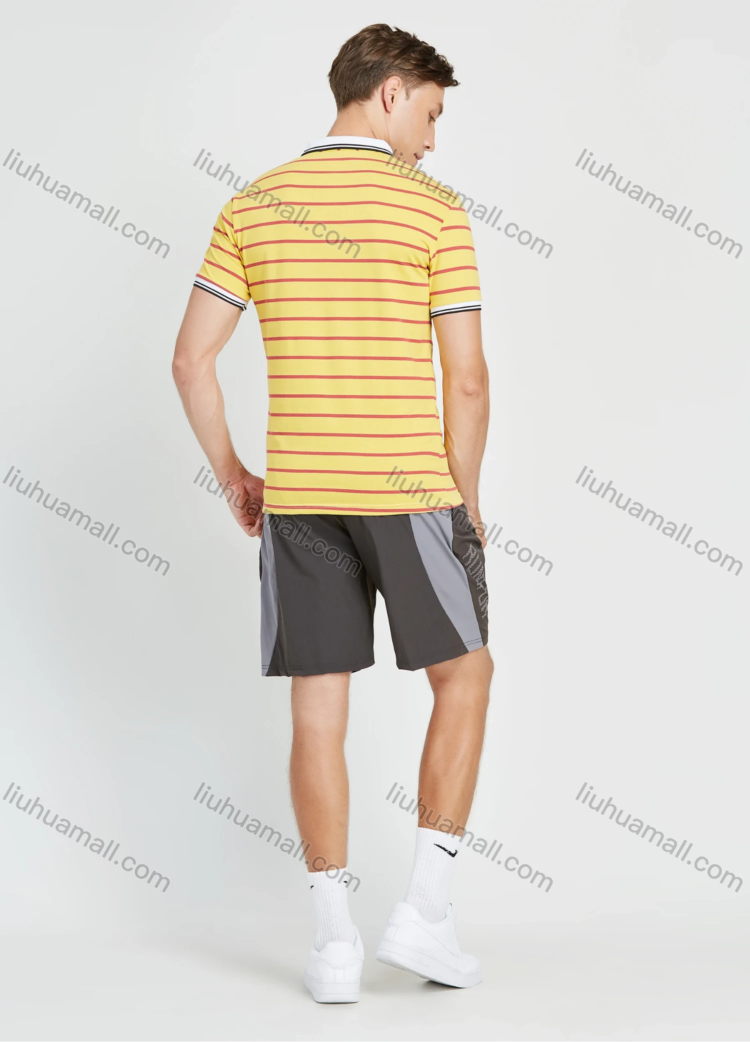 Wholesale Men's Casual Striped Print Contrast Collar Short Sleeve Polo Shirt - Liuhuamall