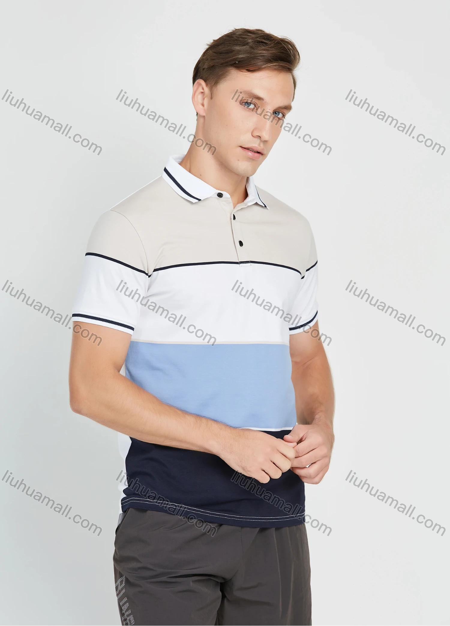 Wholesale Men's Casual Colorblock Striped Print Short Sleeve Polo Shirt - Liuhuamall