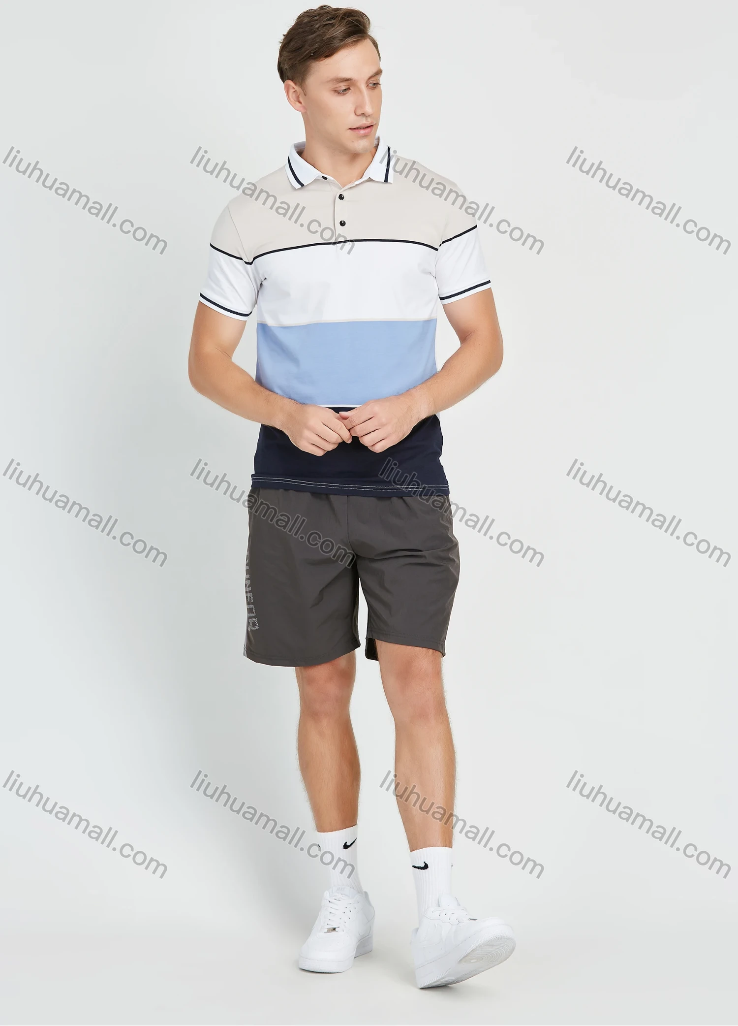 Wholesale Men's Casual Colorblock Striped Print Short Sleeve Polo Shirt - Liuhuamall