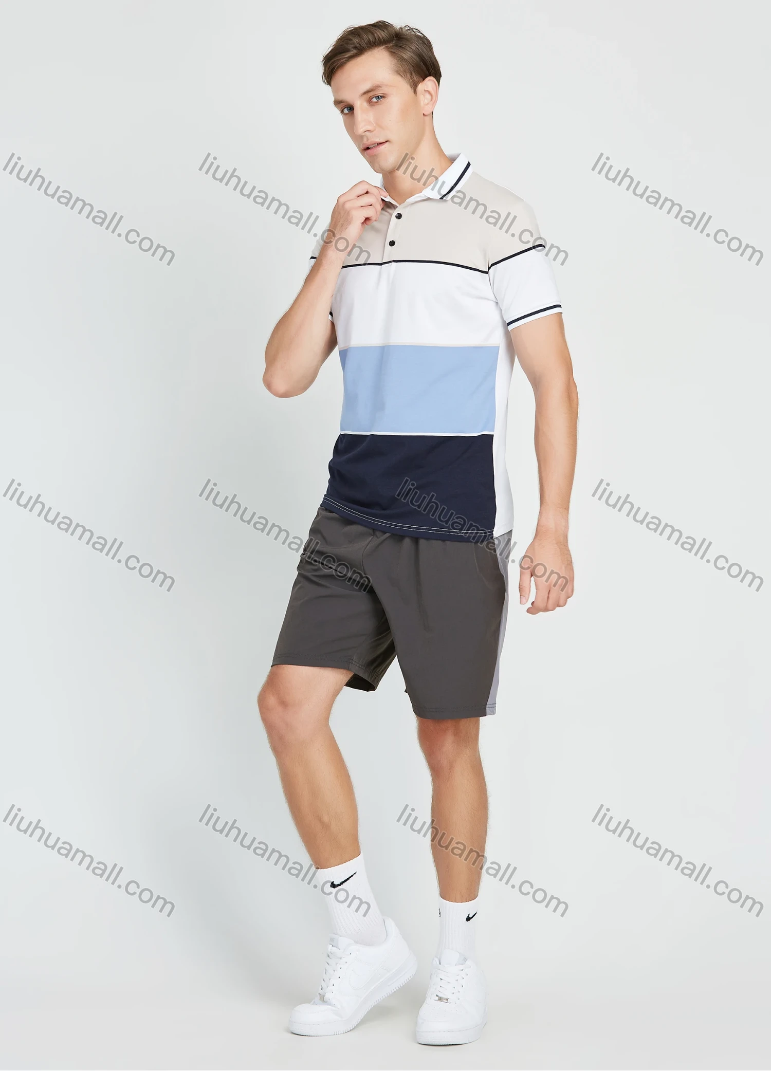 Wholesale Men's Casual Colorblock Striped Print Short Sleeve Polo Shirt - Liuhuamall