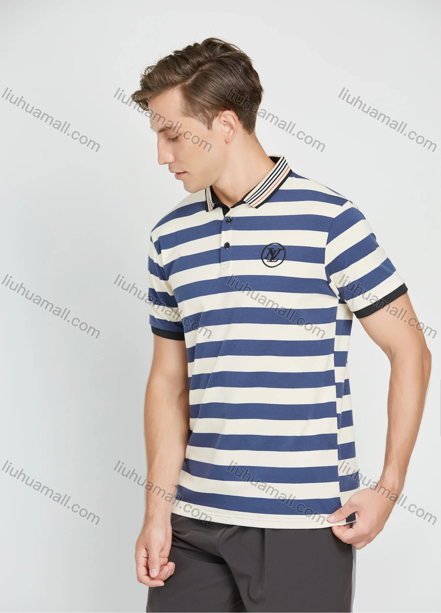 Wholesale Men's Casual Striped Colorblock Print Short Sleeve Polo Shirt - Liuhuamall