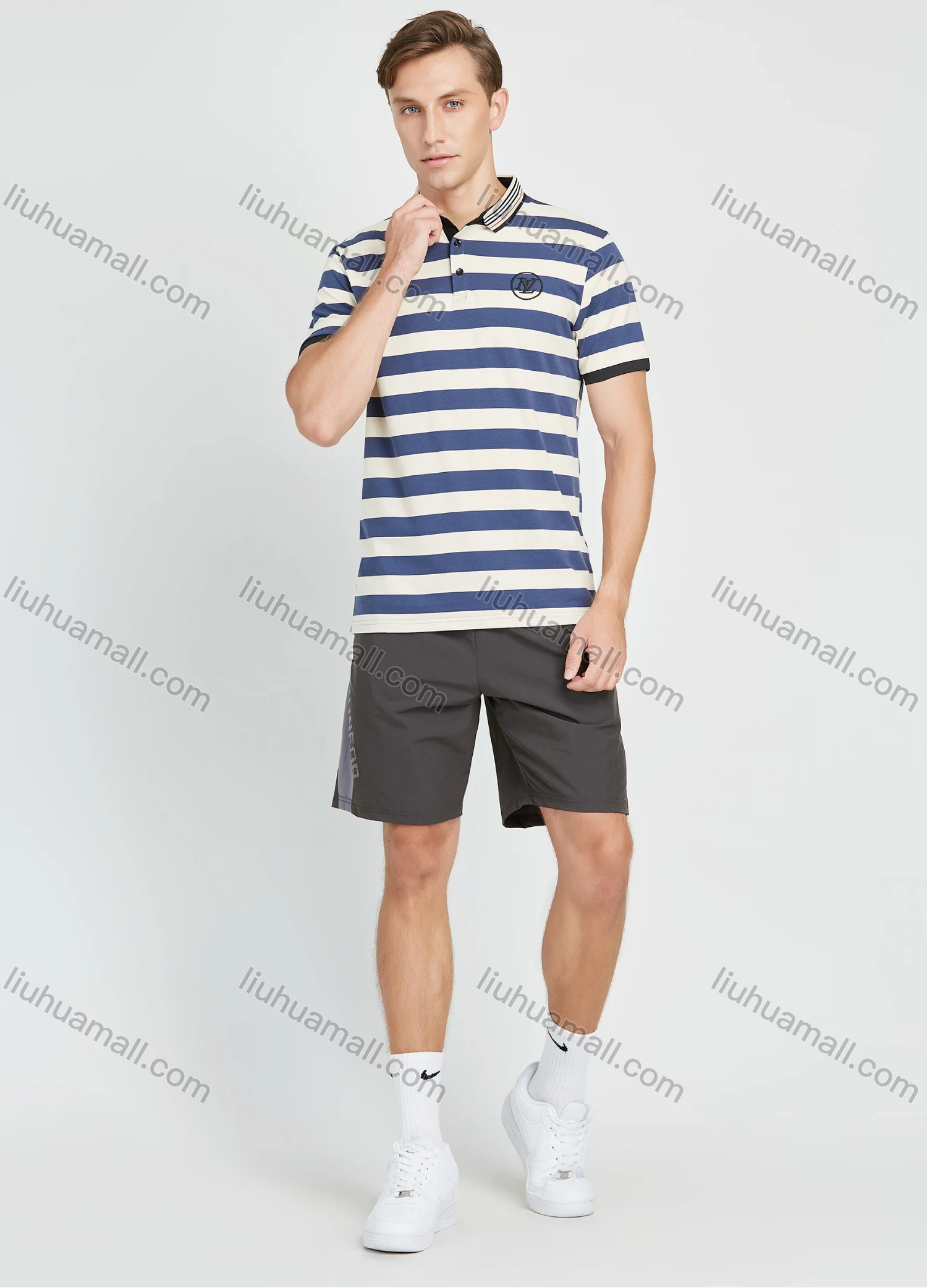 Wholesale Men's Casual Striped Colorblock Print Short Sleeve Polo Shirt - Liuhuamall