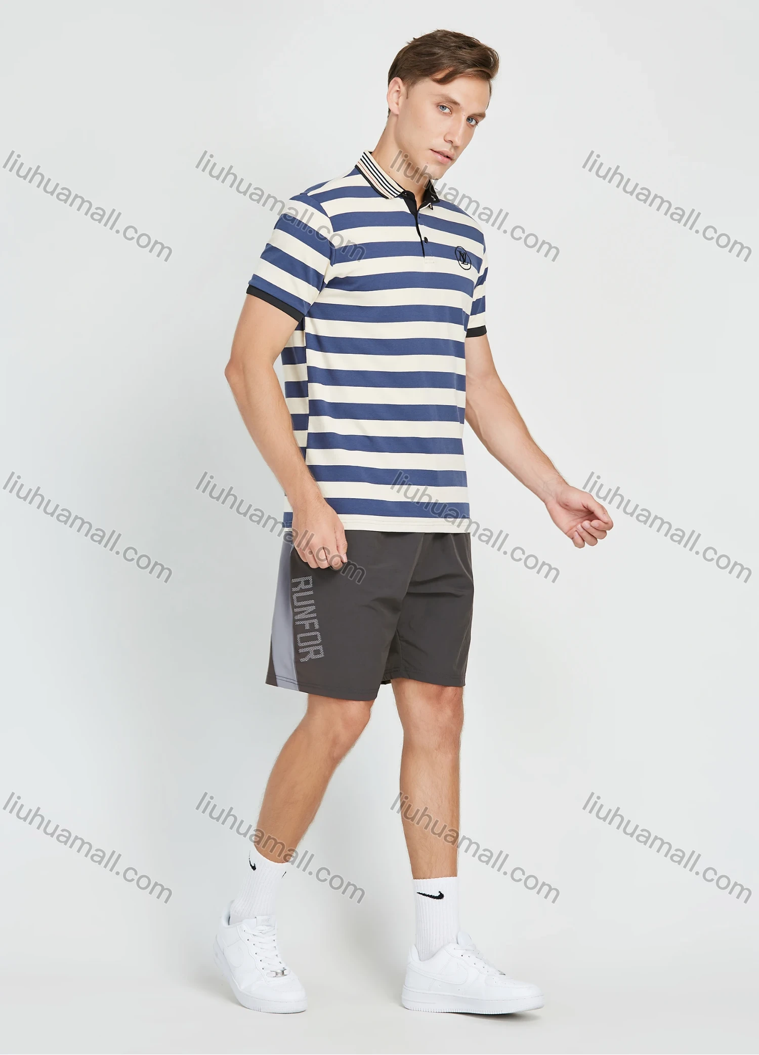 Wholesale Men's Casual Striped Colorblock Print Short Sleeve Polo Shirt - Liuhuamall