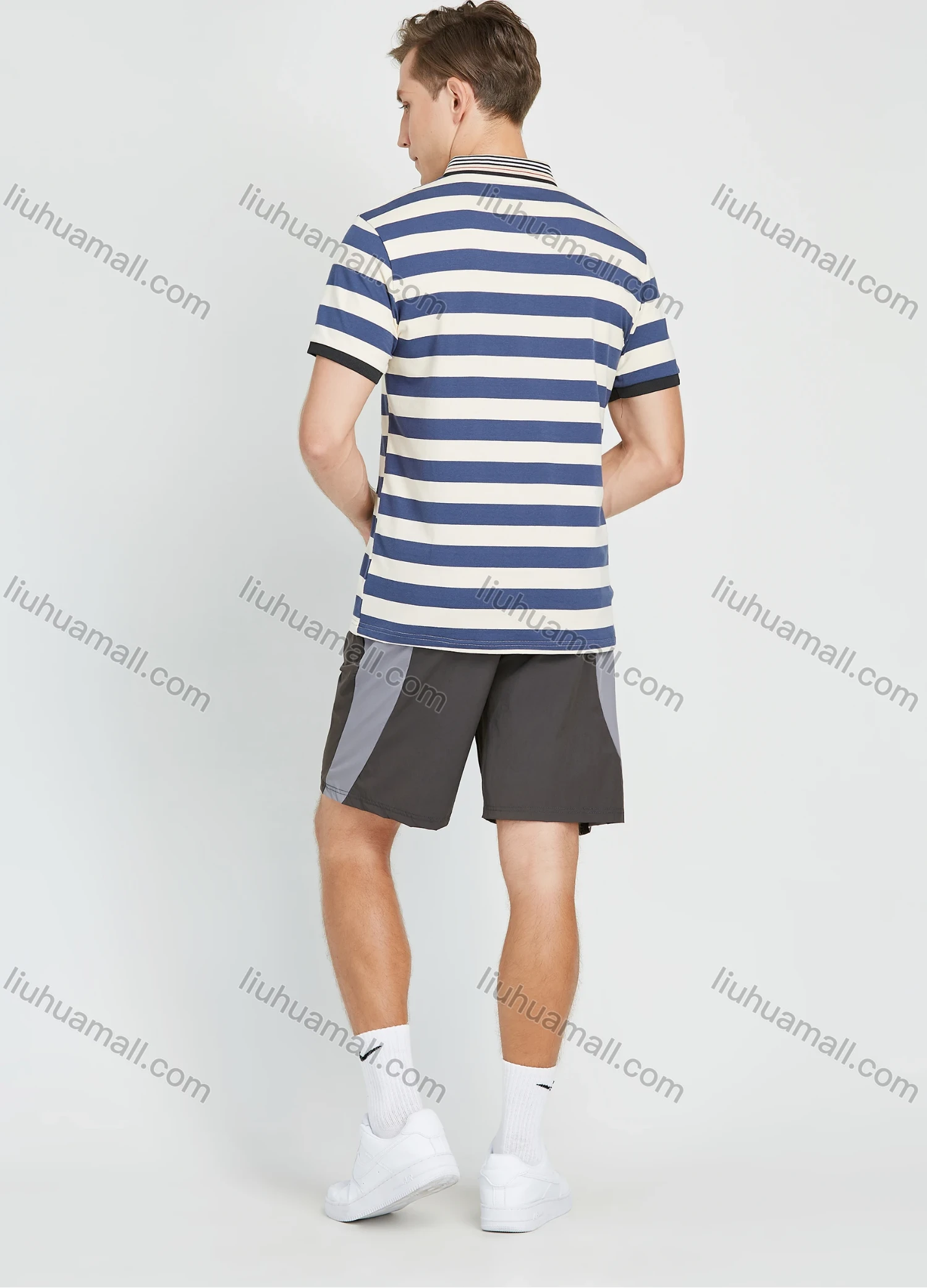 Wholesale Men's Casual Striped Colorblock Print Short Sleeve Polo Shirt - Liuhuamall
