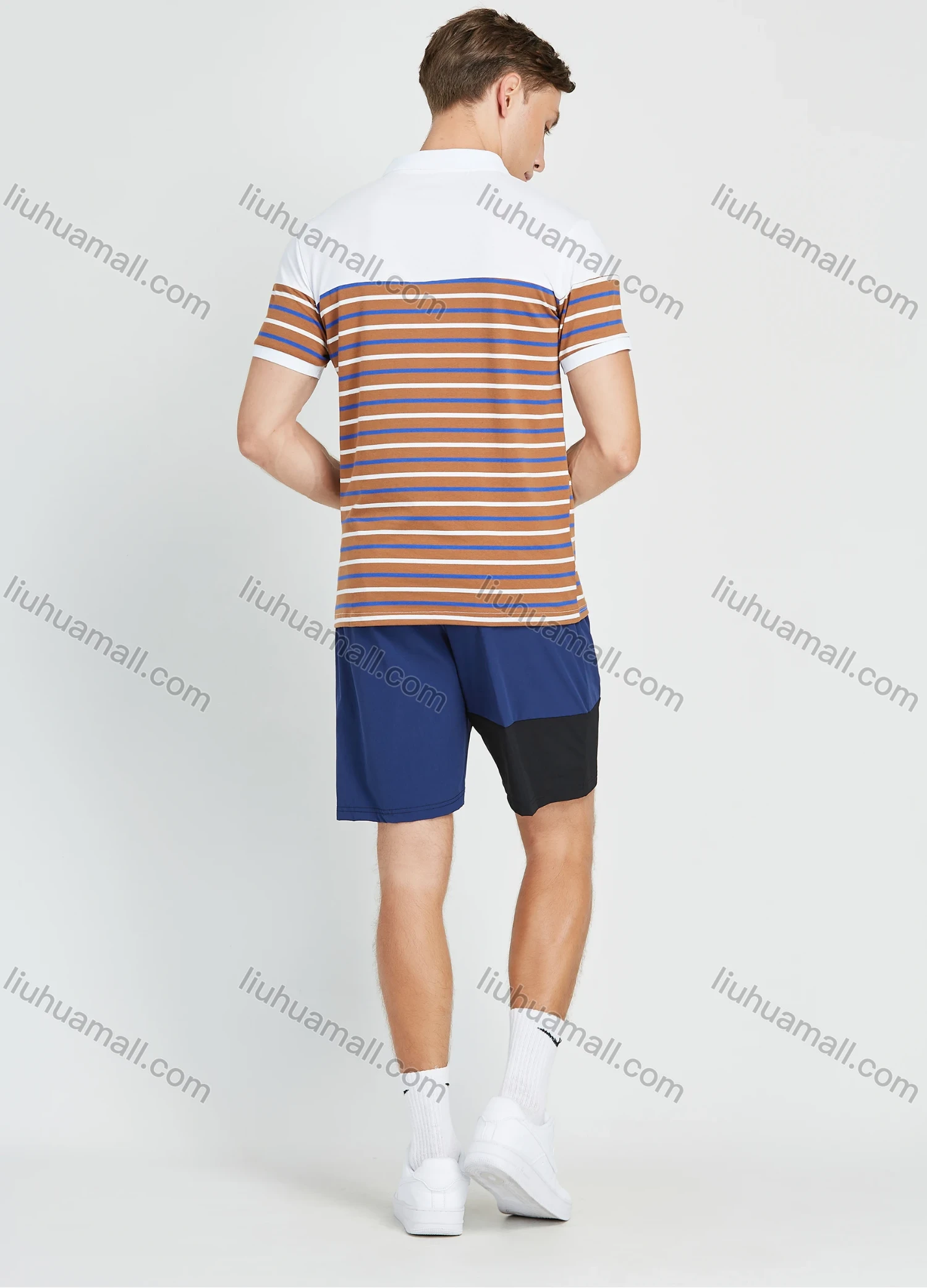 Wholesale Men's Casual Striped Print Short Sleeve Polo Shirt - Liuhuamall