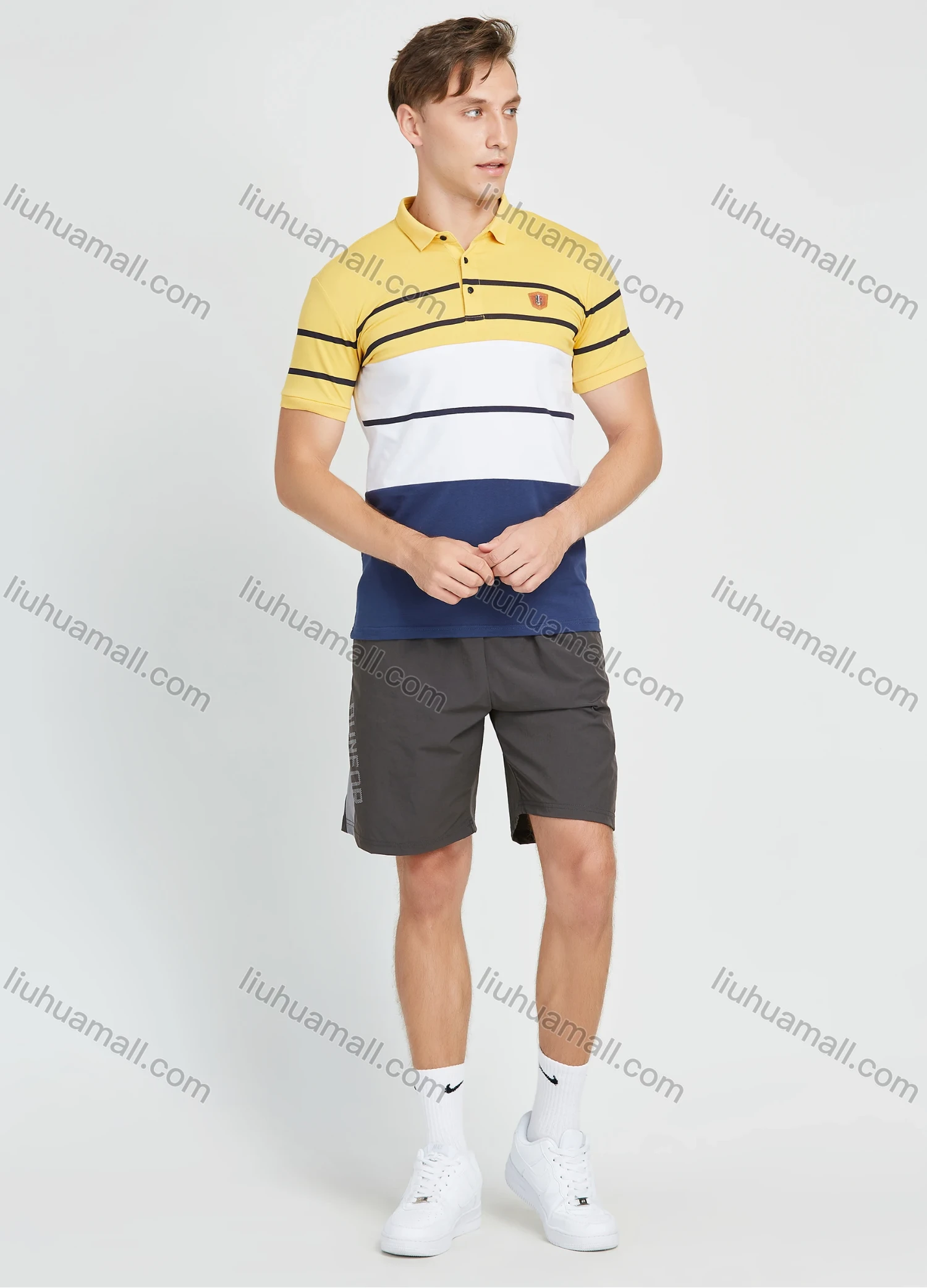 Wholesale Men's Casual Colorblock Striped Print Short Sleeve Polo Shirt - Liuhuamall