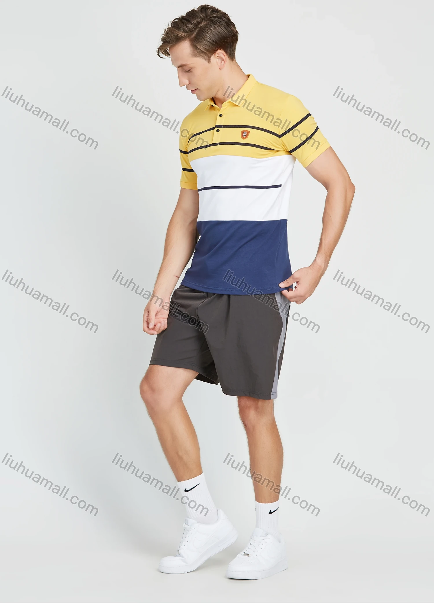 Wholesale Men's Casual Colorblock Striped Print Short Sleeve Polo Shirt - Liuhuamall