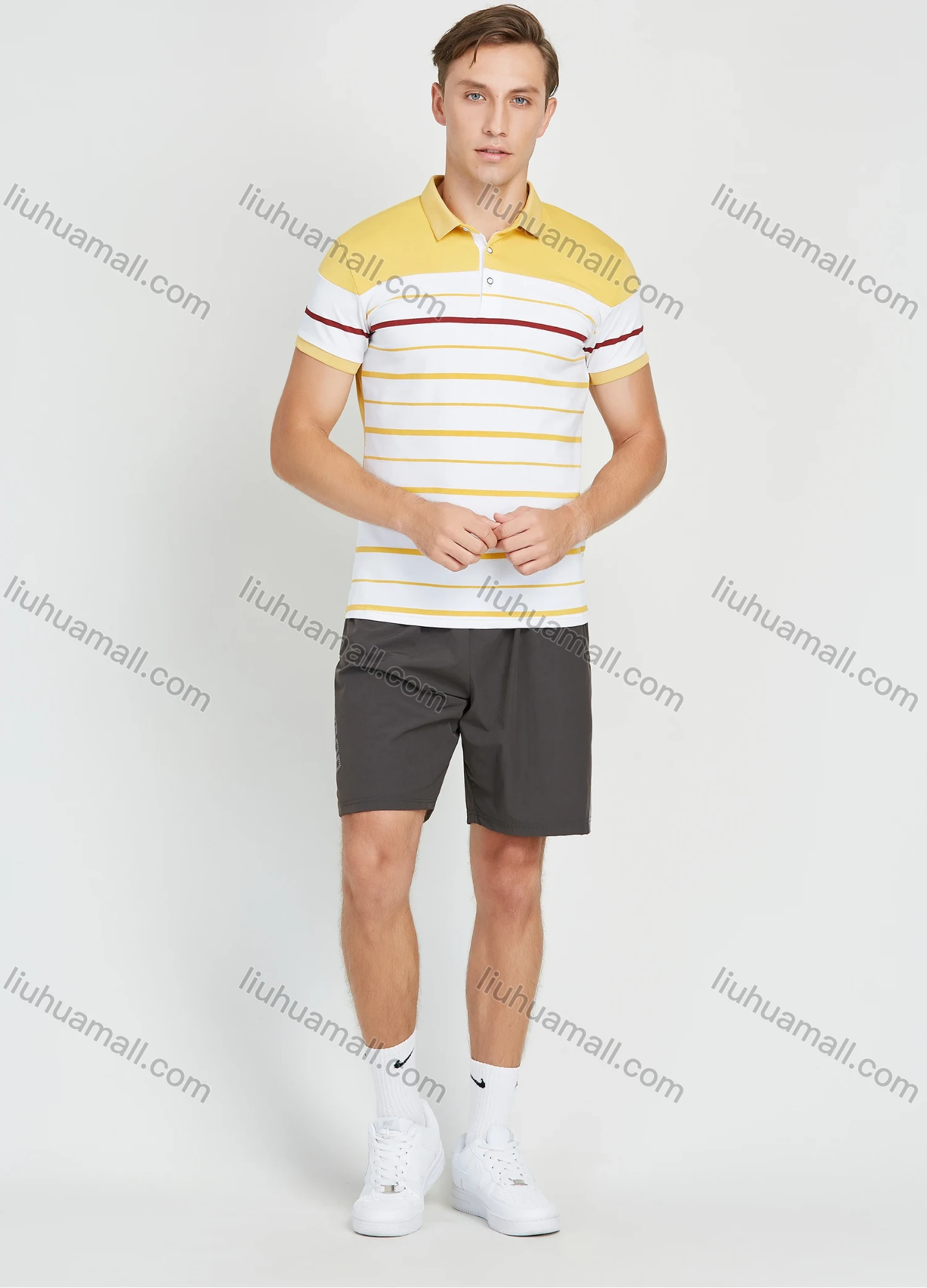 Wholesale Men's Casual Striped Colorblock Short Sleeve Polo Shirt - Liuhuamall