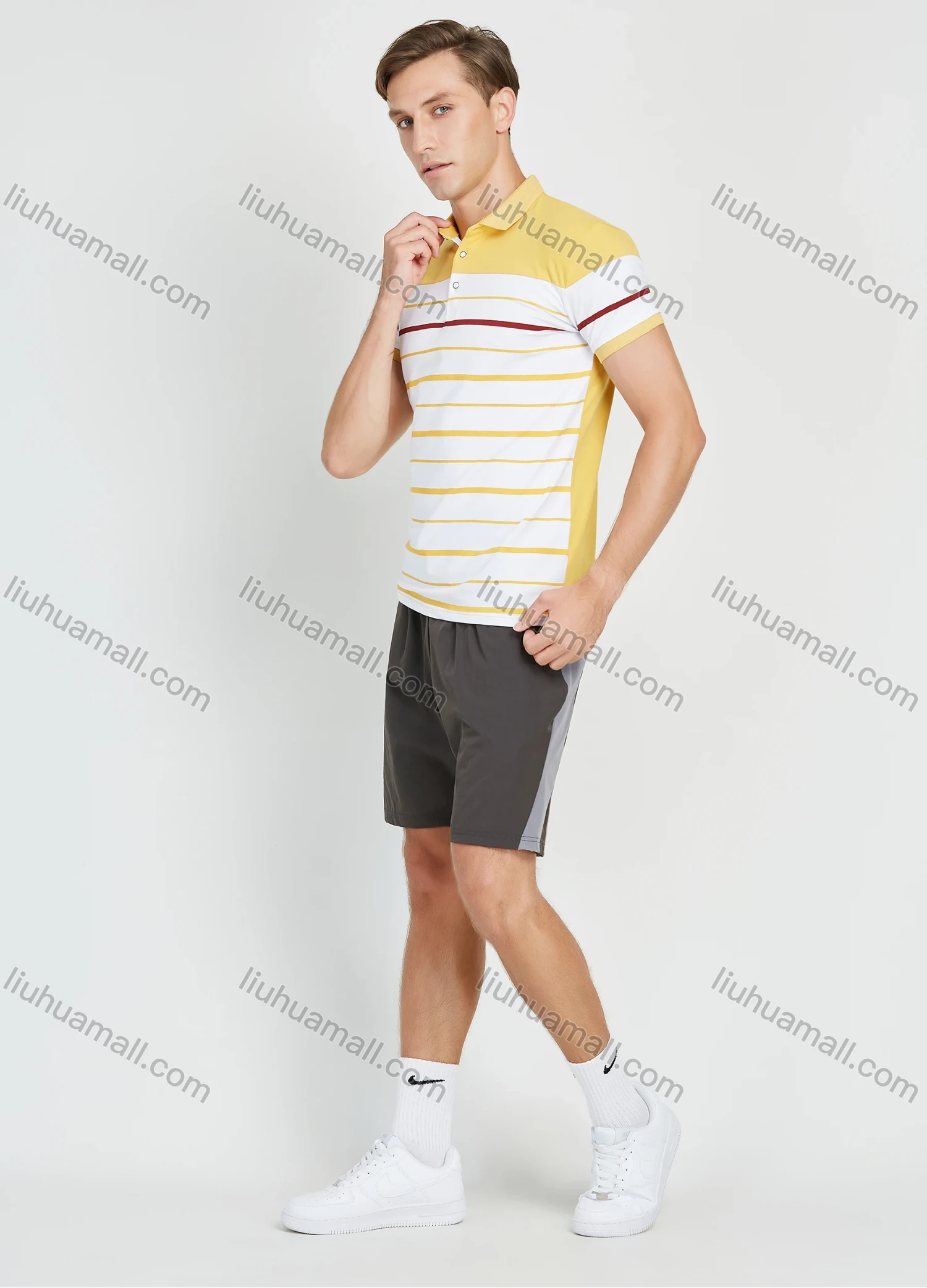 Wholesale Men's Casual Striped Colorblock Short Sleeve Polo Shirt - Liuhuamall