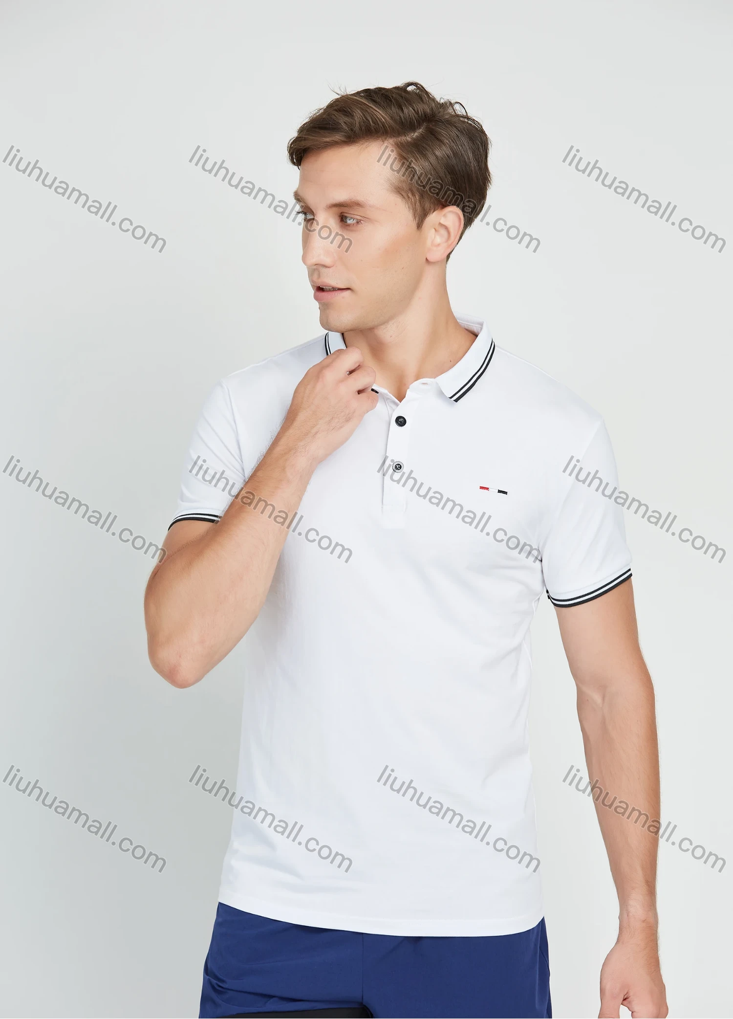 Wholesale Men's Casual Plain Striped Trim Short Sleeve Polo Shirt - Liuhuamall