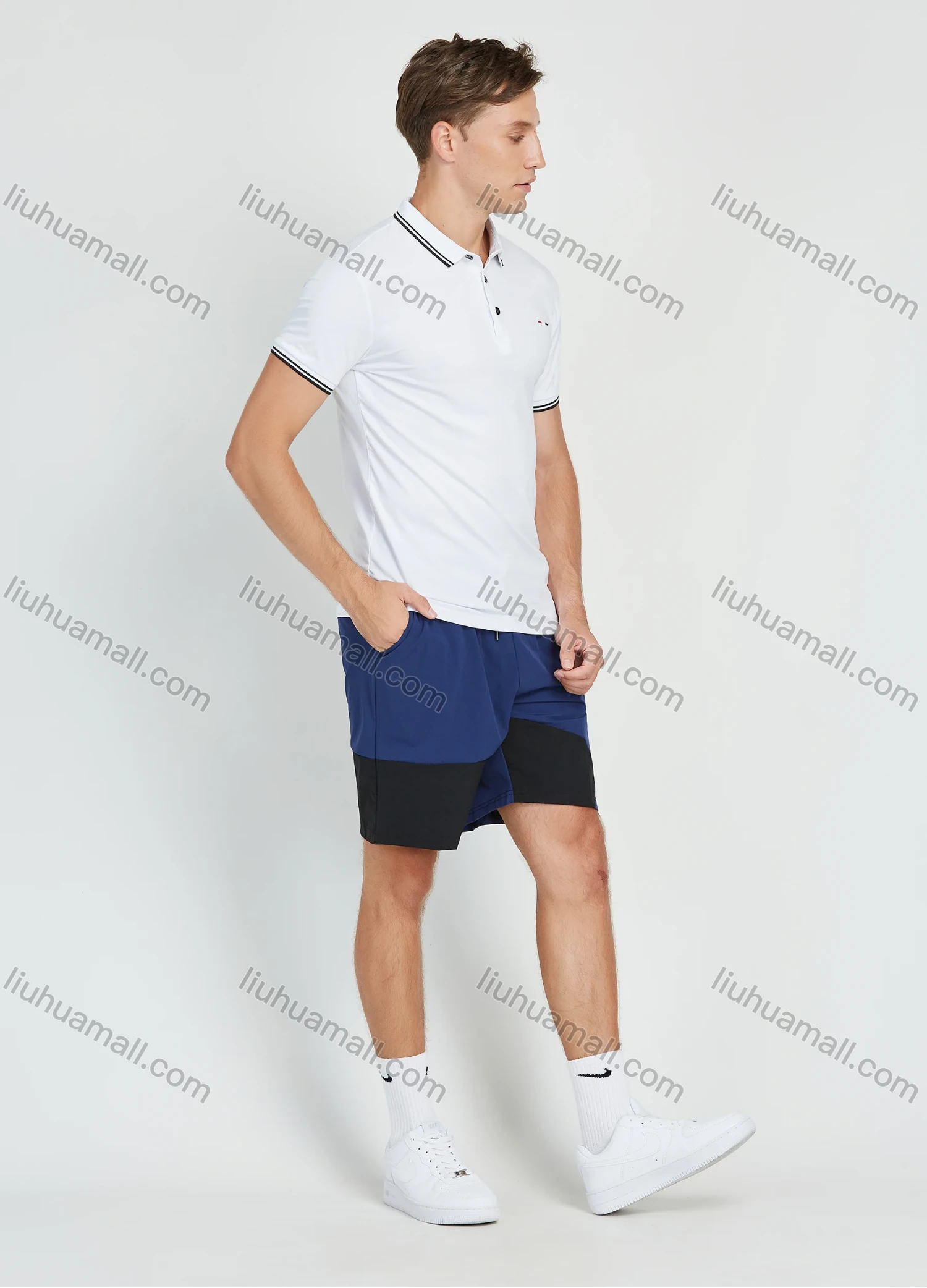 Wholesale Men's Casual Plain Striped Trim Short Sleeve Polo Shirt - Liuhuamall