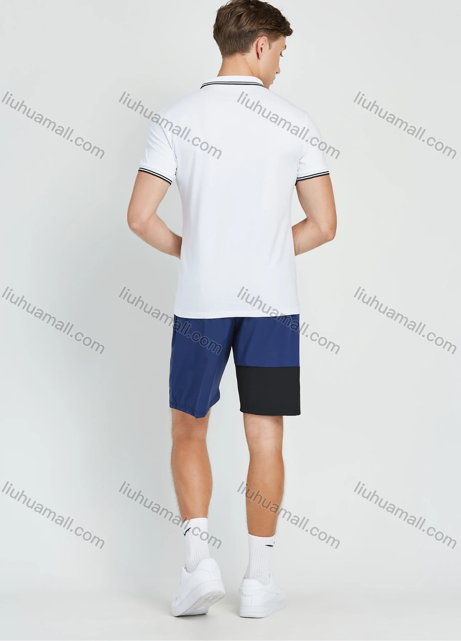 Wholesale Men's Casual Plain Striped Trim Short Sleeve Polo Shirt - Liuhuamall