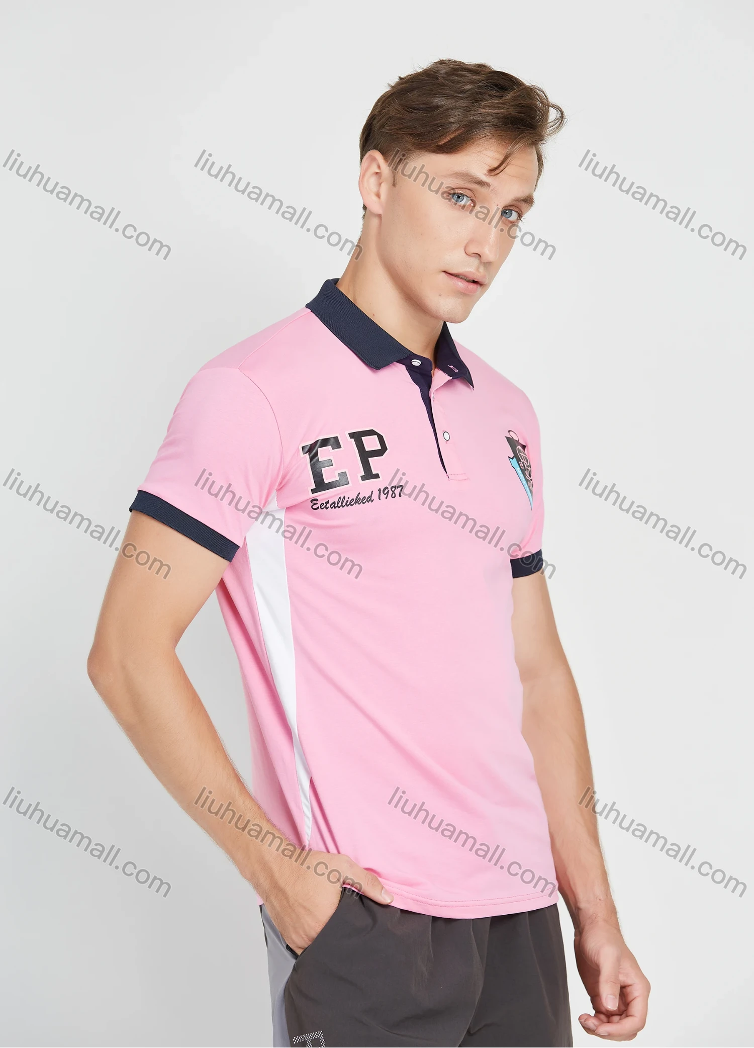 Wholesale Men's Short Sleeve Letter Print Contrast Polo Shirt - Liuhuamall