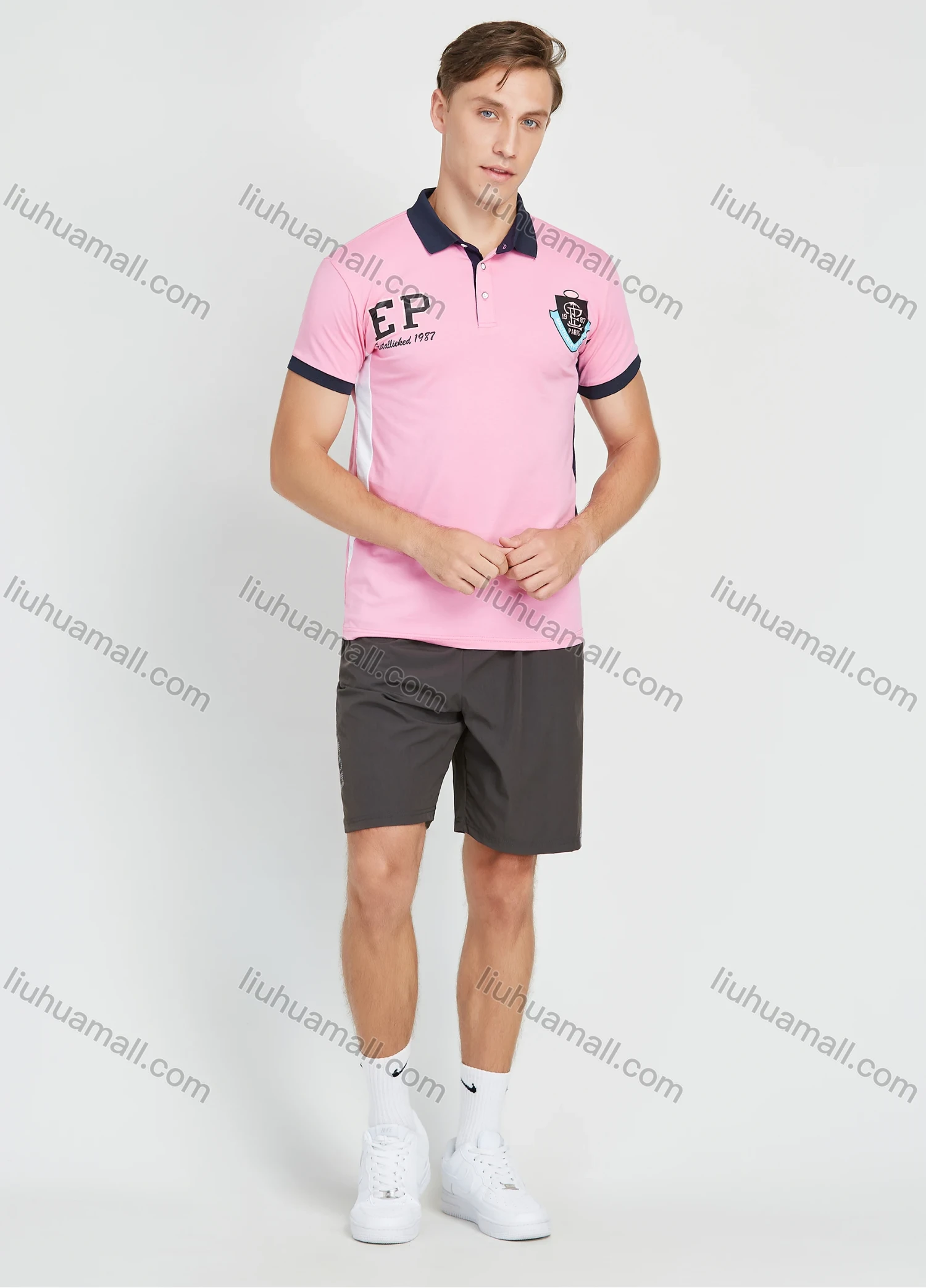 Wholesale Men's Short Sleeve Letter Print Contrast Polo Shirt - Liuhuamall