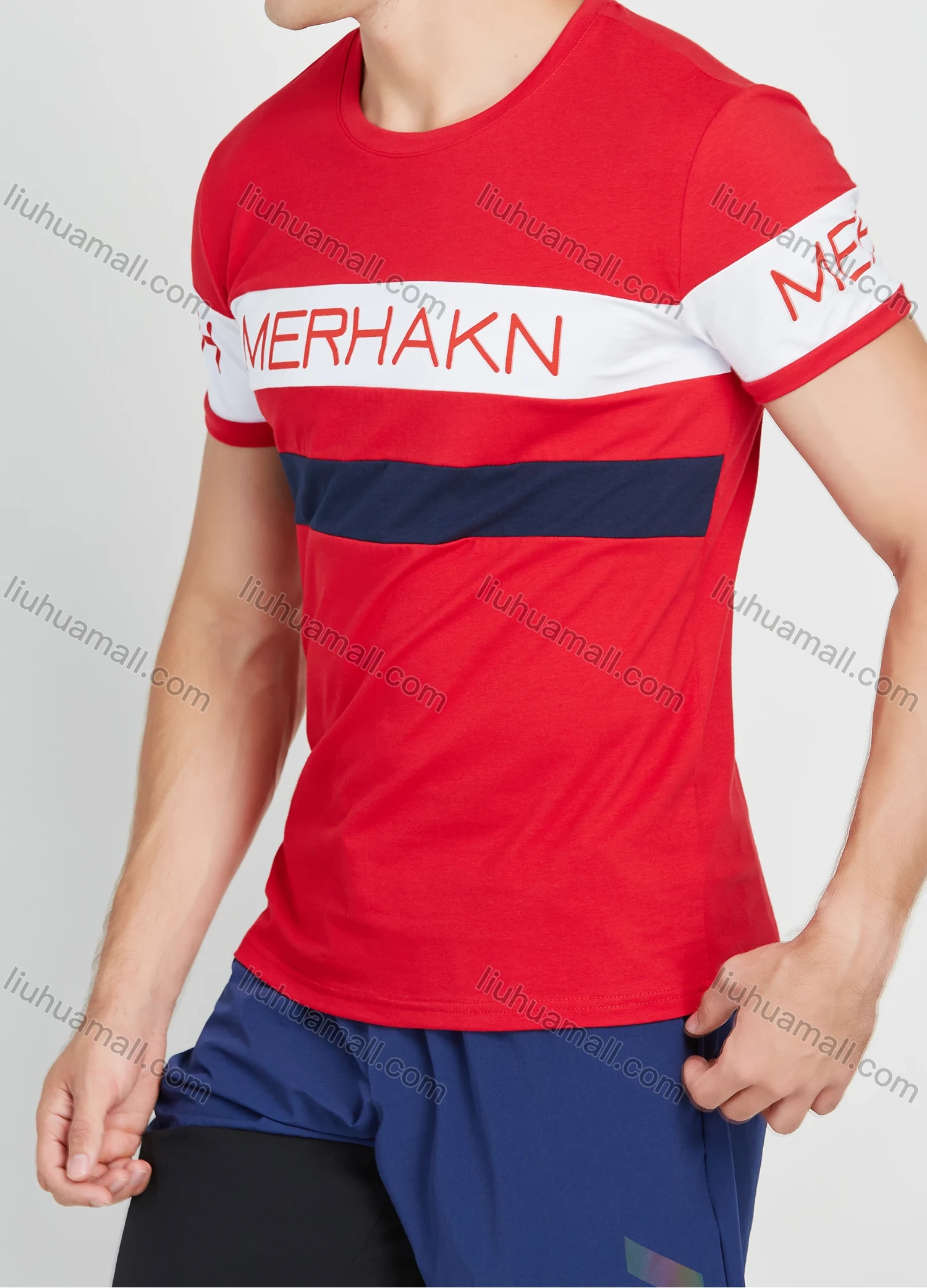 Wholesale Men's Casual Short Sleeve Colorblock Letter Print Round Neck T Shirt - Liuhuamall