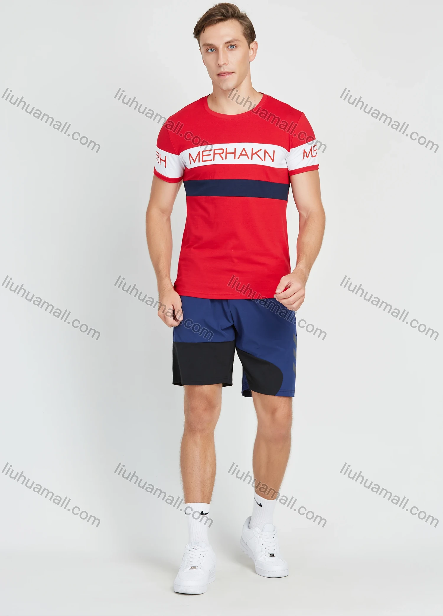 Wholesale Men's Casual Short Sleeve Colorblock Letter Print Round Neck T Shirt - Liuhuamall