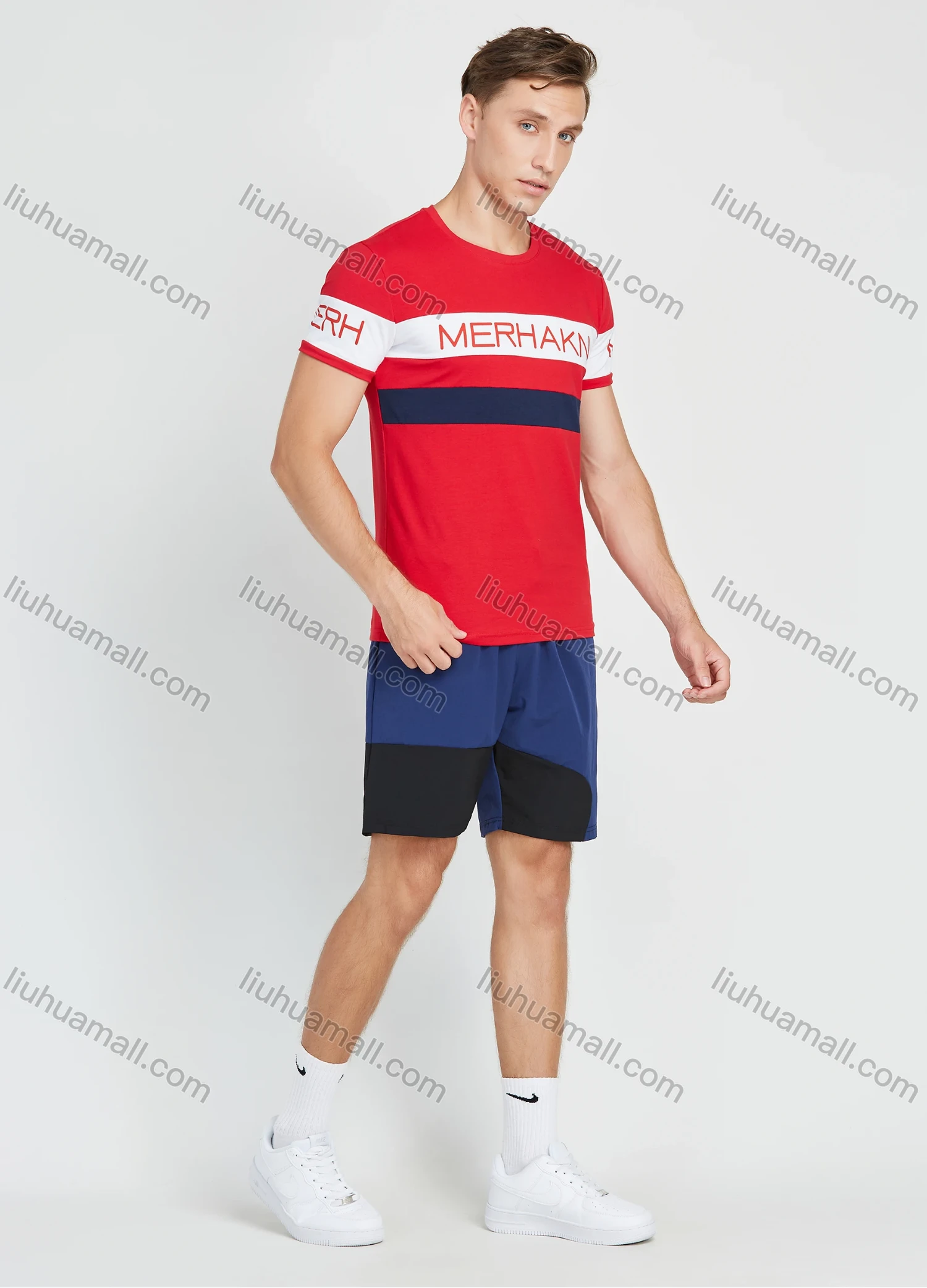 Wholesale Men's Casual Short Sleeve Colorblock Letter Print Round Neck T Shirt - Liuhuamall