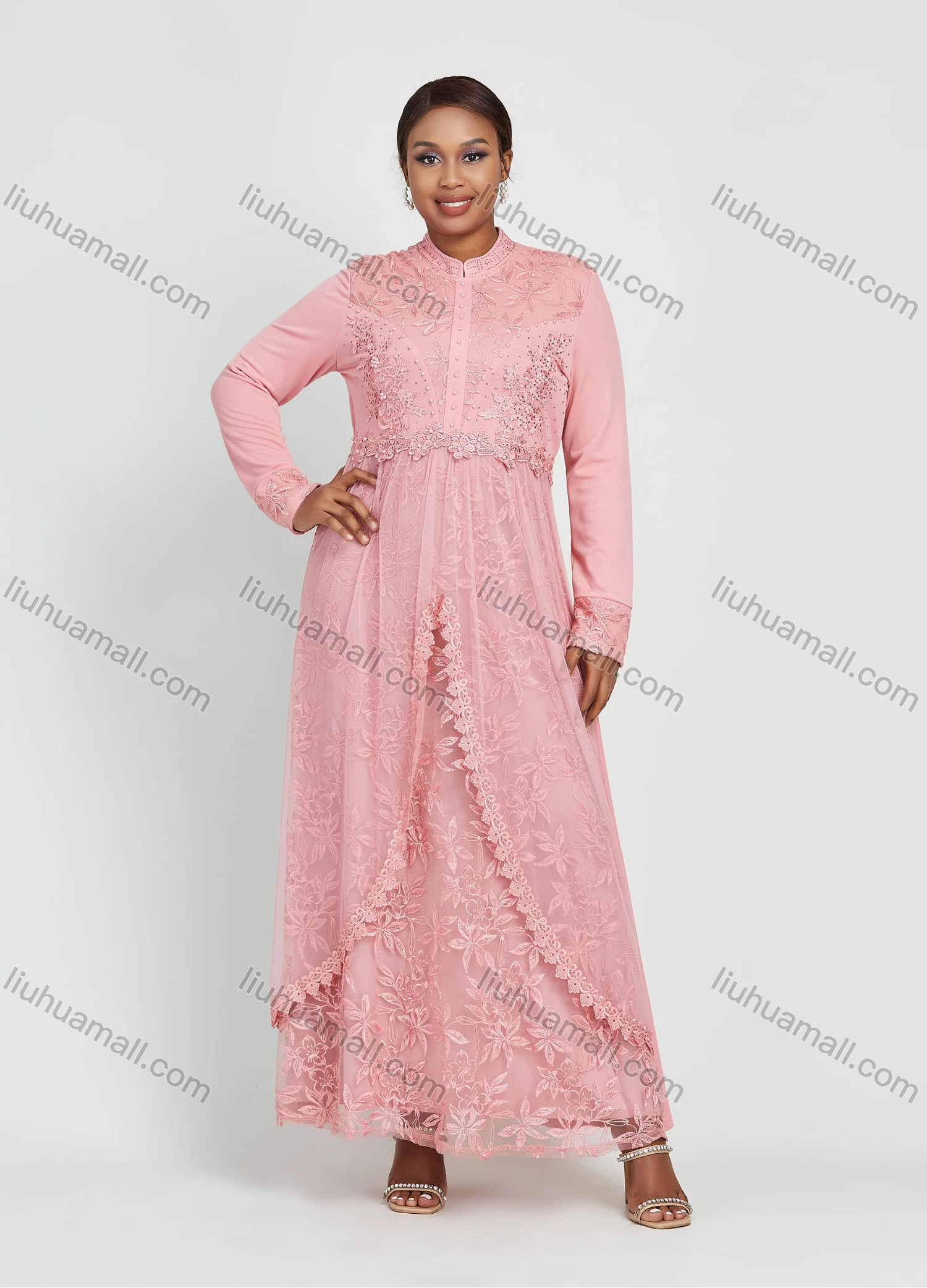 Wholesale Women's Long Sleeve Zip Back Applique Pearl Embroidery Decor Maxi Dress - Liuhuamall