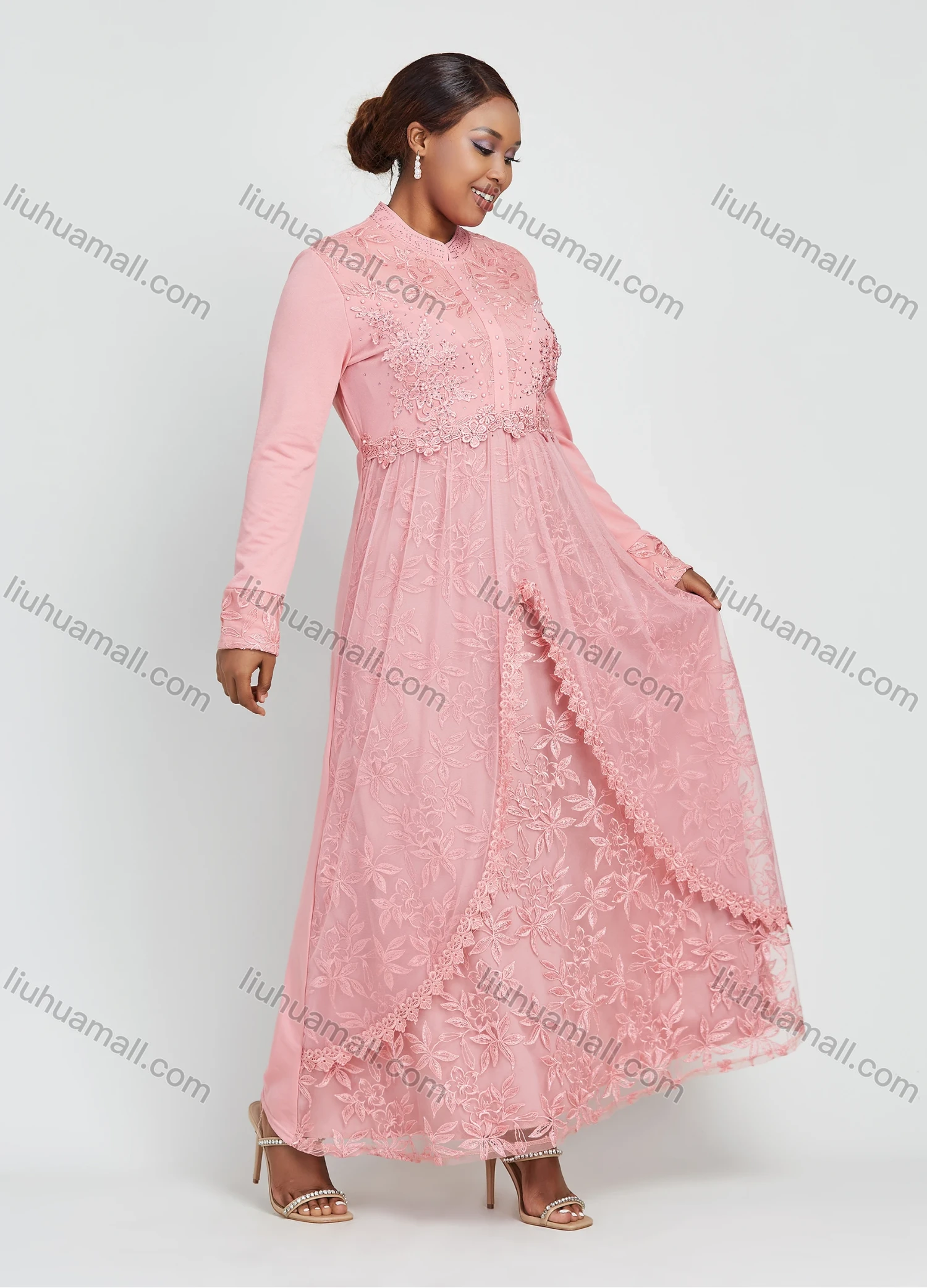 Wholesale Women's Long Sleeve Zip Back Applique Pearl Embroidery Decor Maxi Dress - Liuhuamall