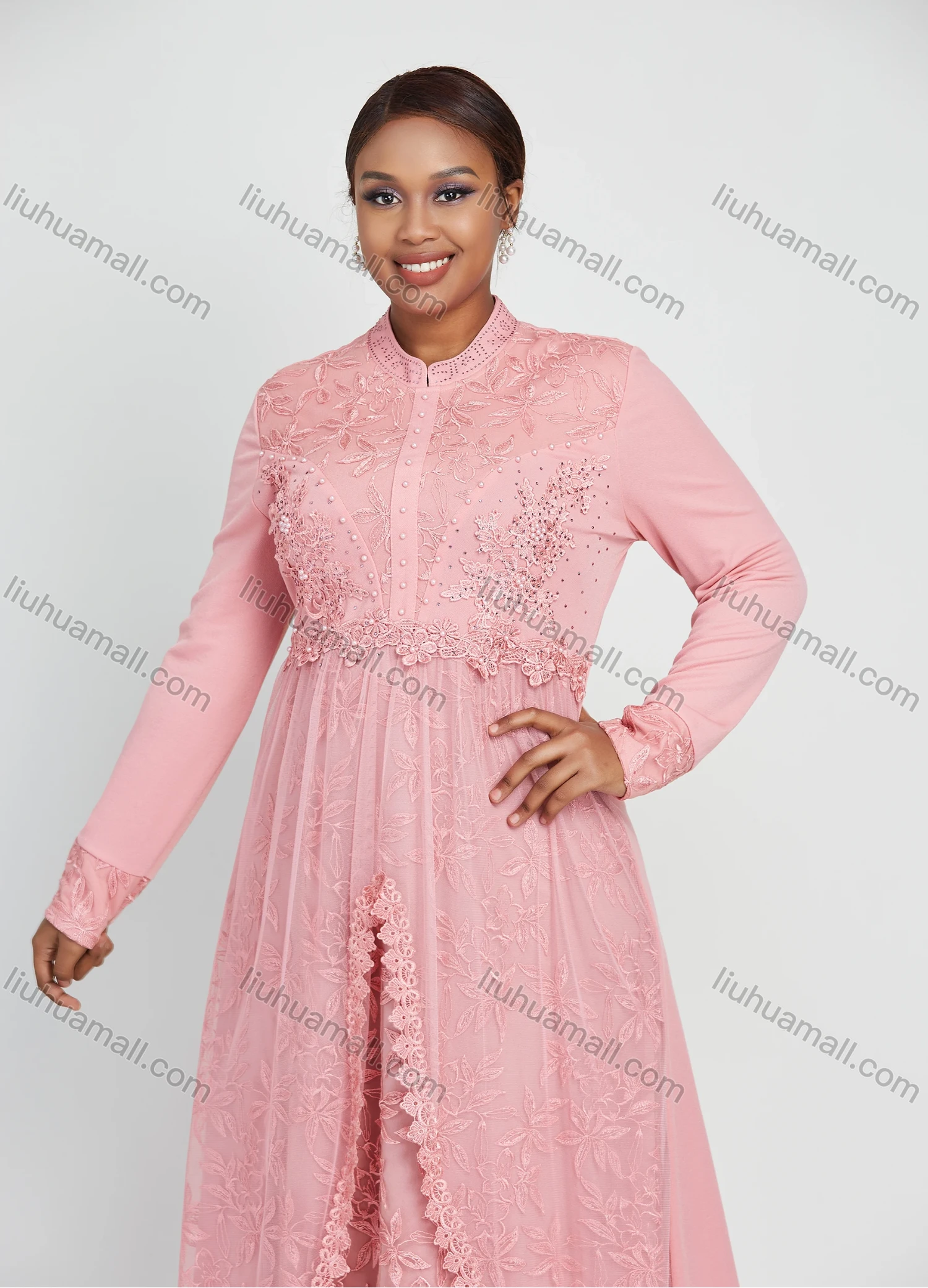 Wholesale Women's Long Sleeve Zip Back Applique Pearl Embroidery Decor Maxi Dress - Liuhuamall